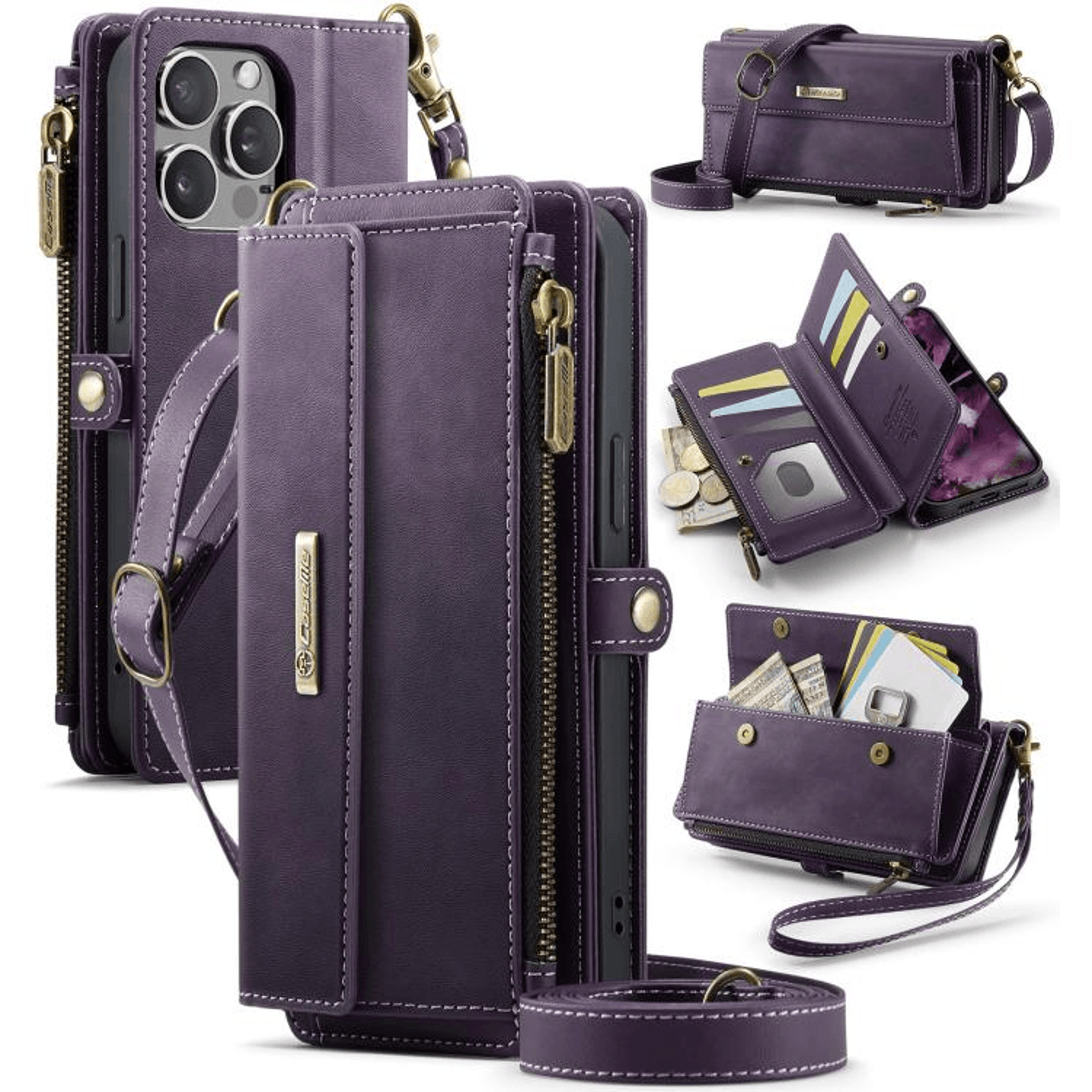 RFID Blocking IPhone Wallet Case With Crossbody Strap Leather Zipper Phone Purse 13