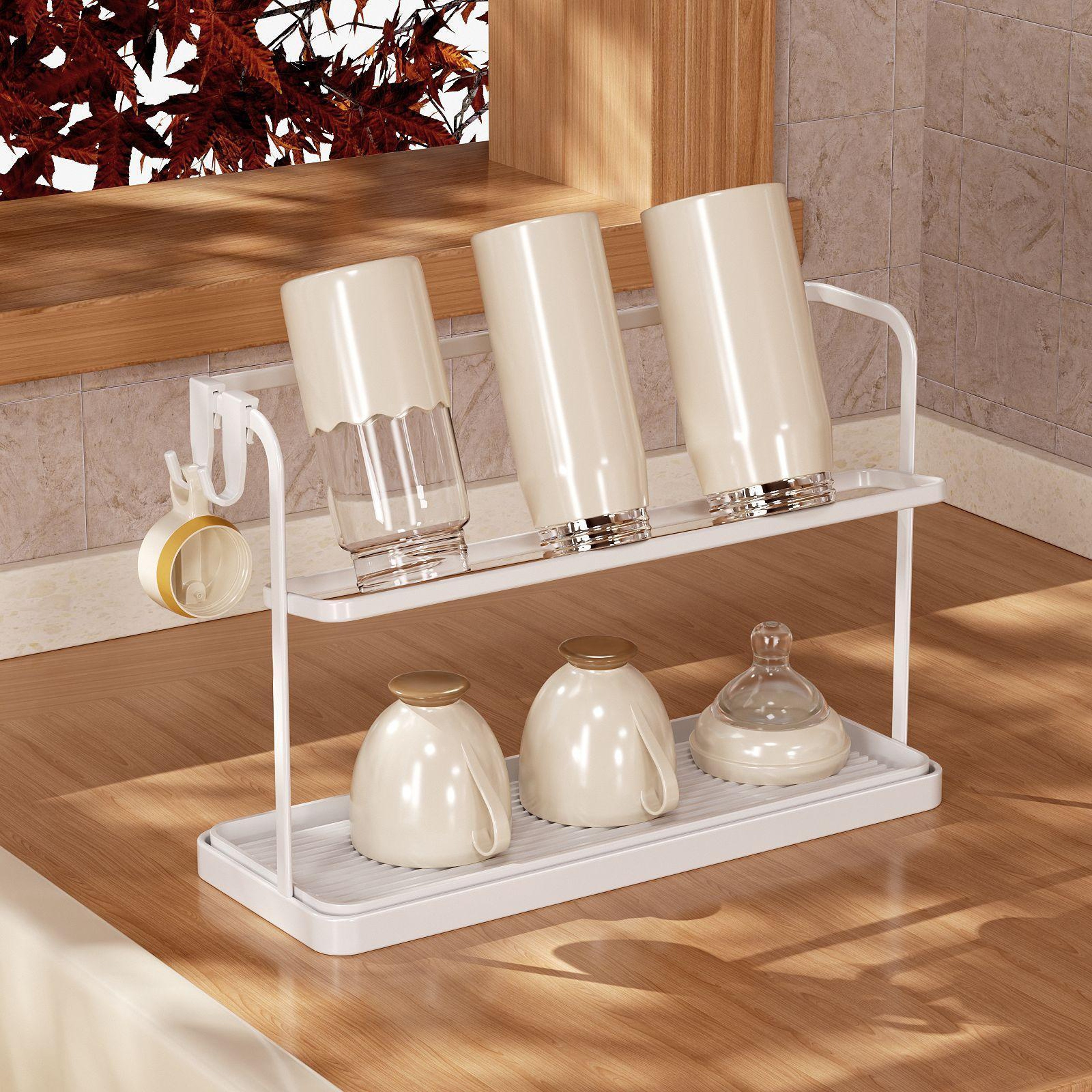 Double Tier Cup Rack Organizer with Drip Tray for Kitchen Counter Storage – view 1