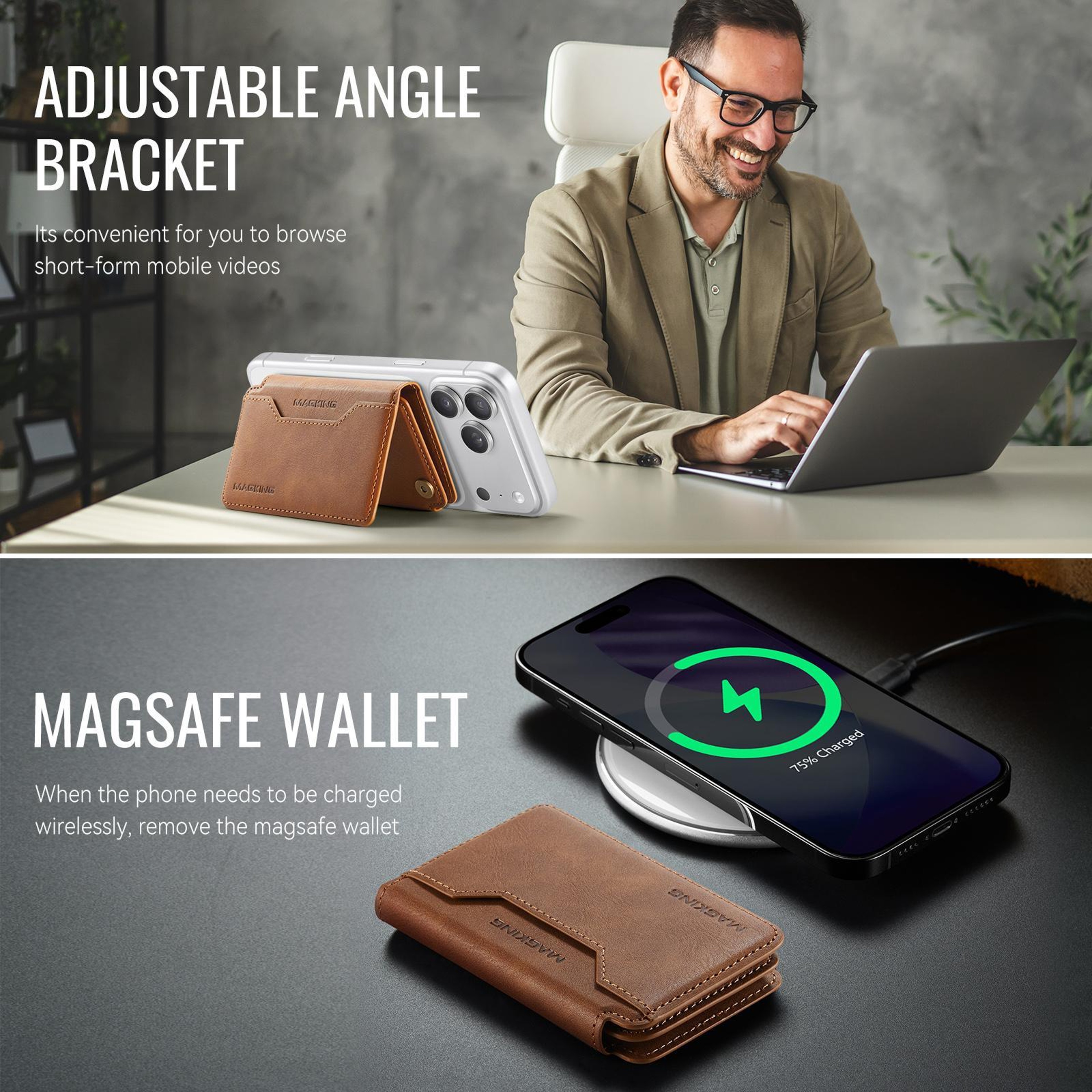 MagSafe RFID Card Holder Wallet With Leather TriFold Magnetic Phone Stand 6