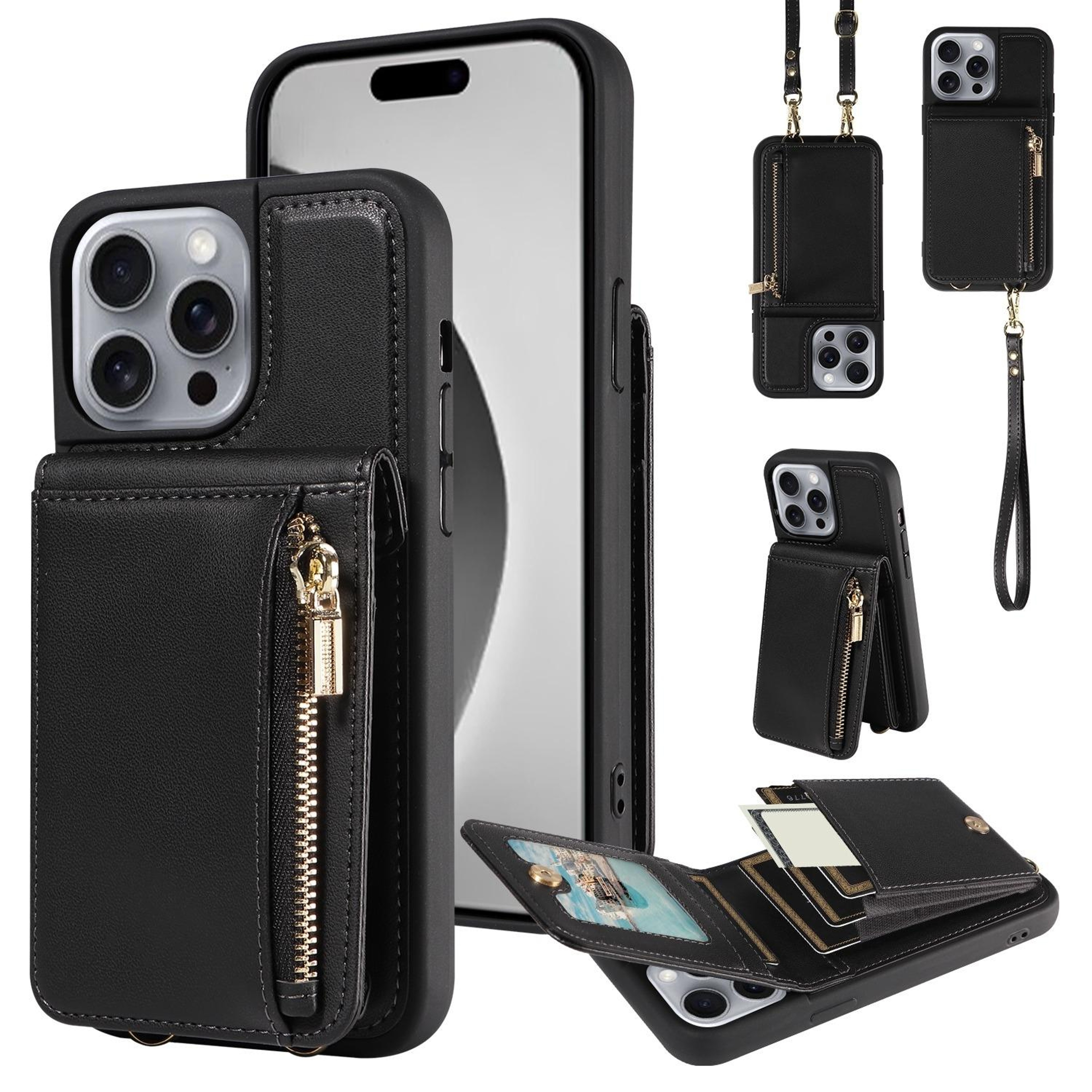 Leather Crossbody iPhone Wallet Case with Zipper Pocket & Lanyard Strap – view 10