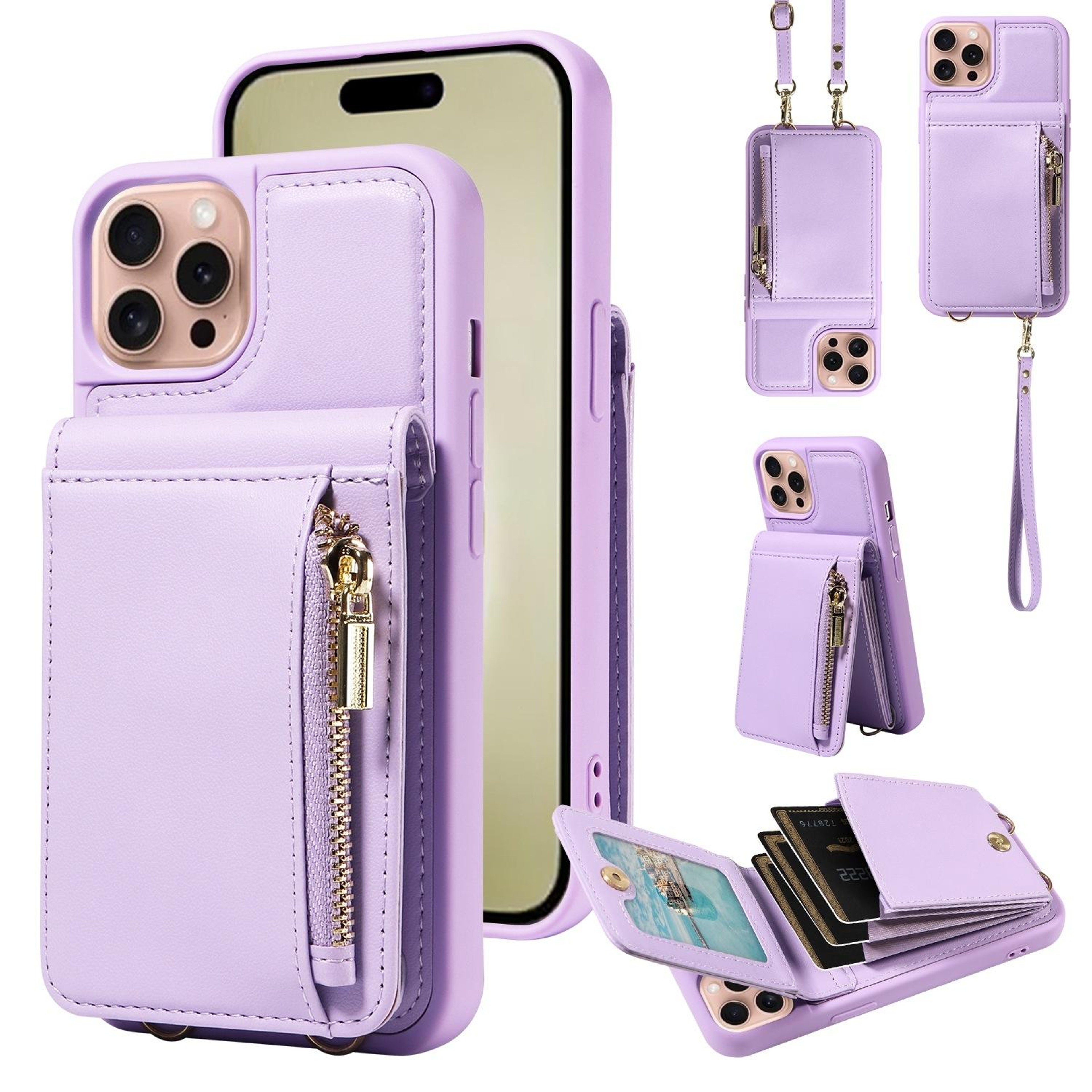 Leather Crossbody iPhone Wallet Case with Zipper Pocket & Lanyard Strap – view 11