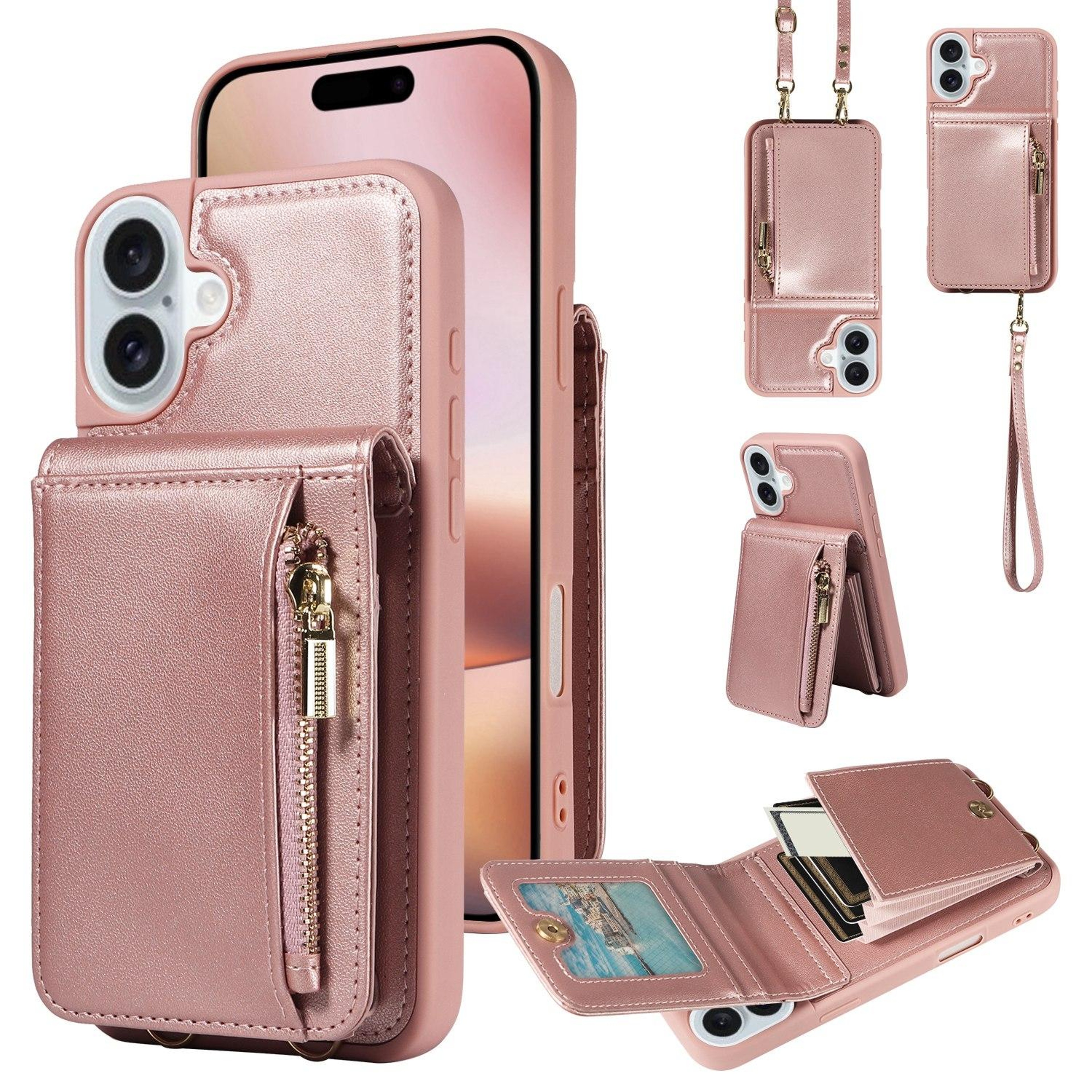 Leather Crossbody iPhone Wallet Case with Zipper Pocket & Lanyard Strap – view 16
