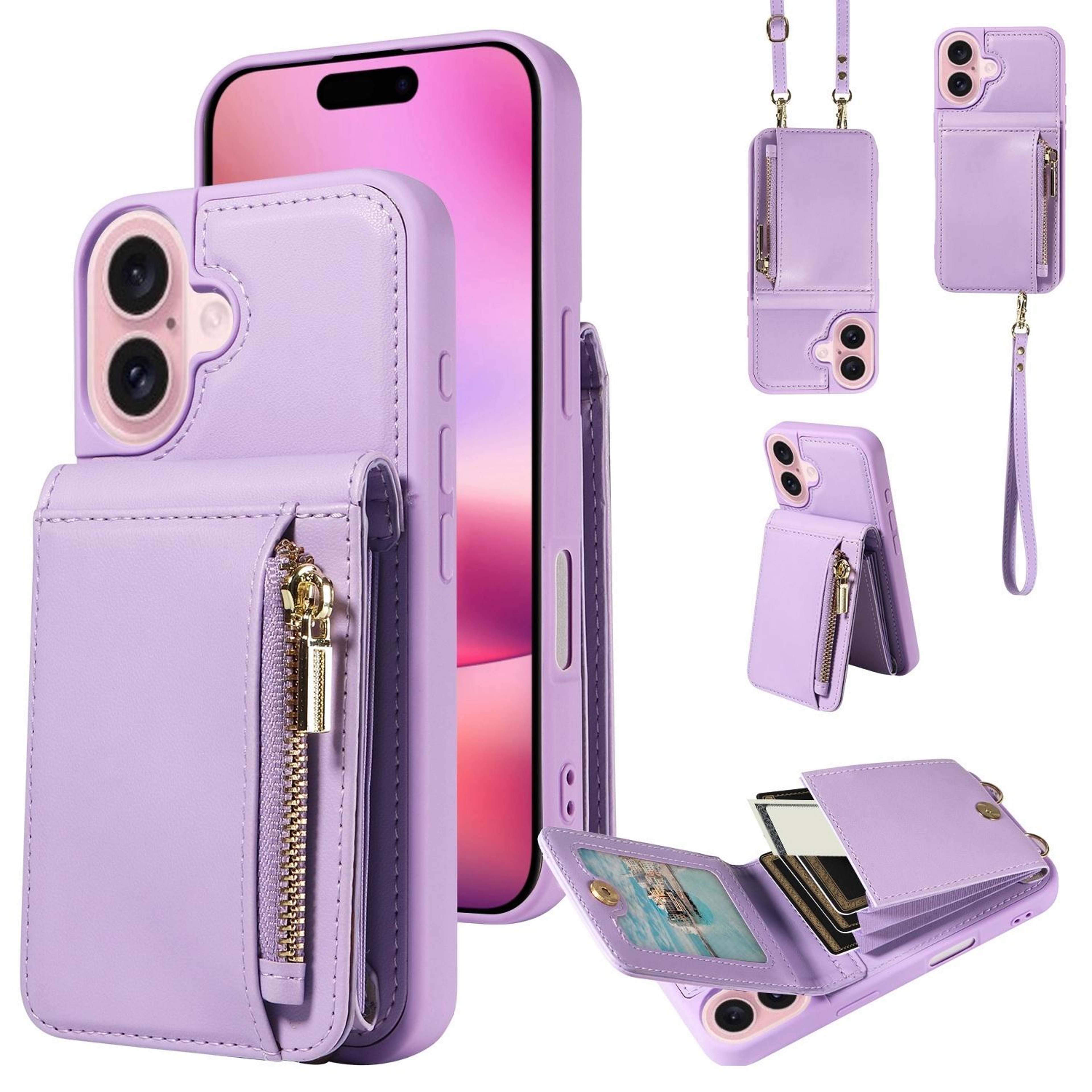 Leather Crossbody iPhone Wallet Case with Zipper Pocket & Lanyard Strap – view 23