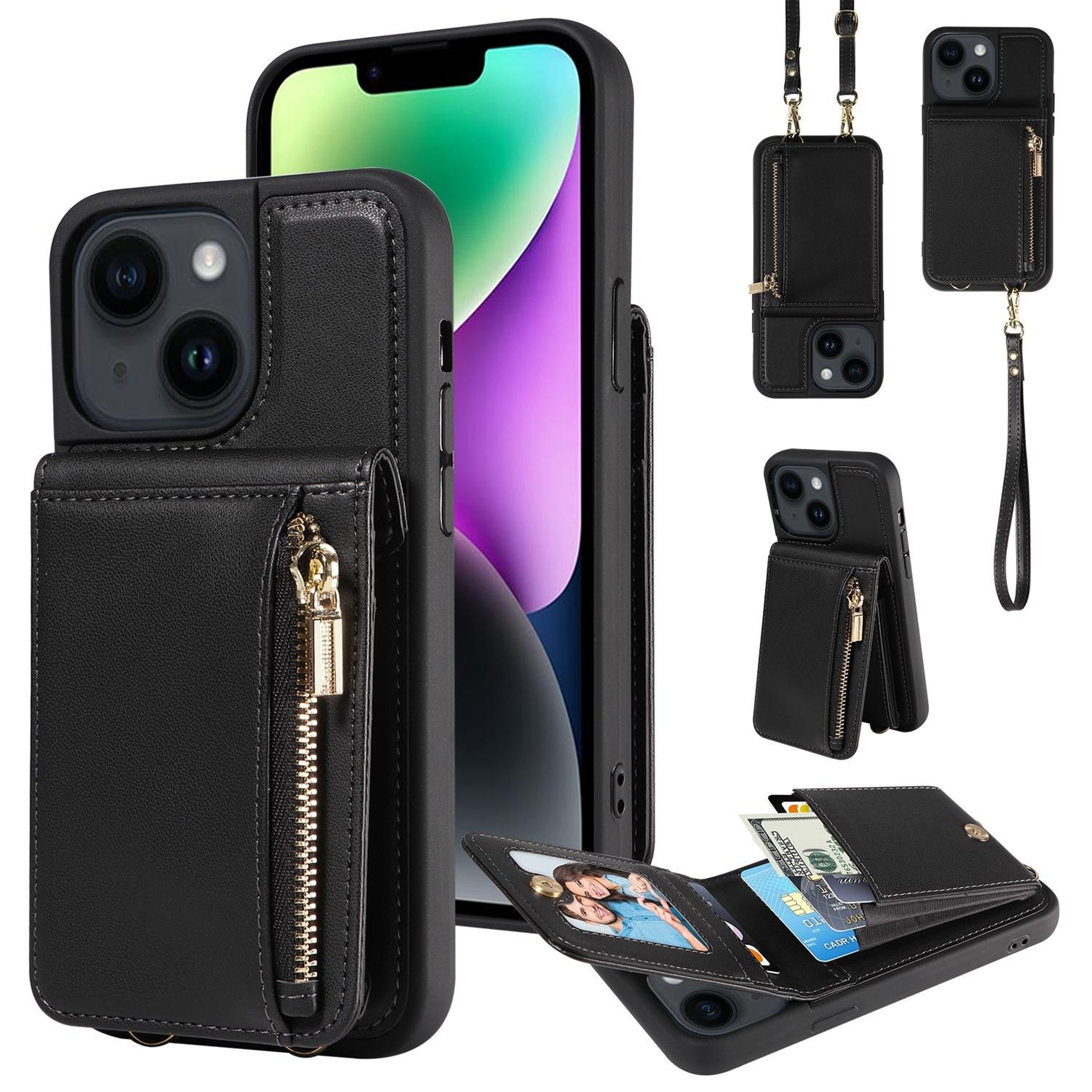 Leather Crossbody iPhone Wallet Case with Zipper Pocket & Lanyard Strap – view 48