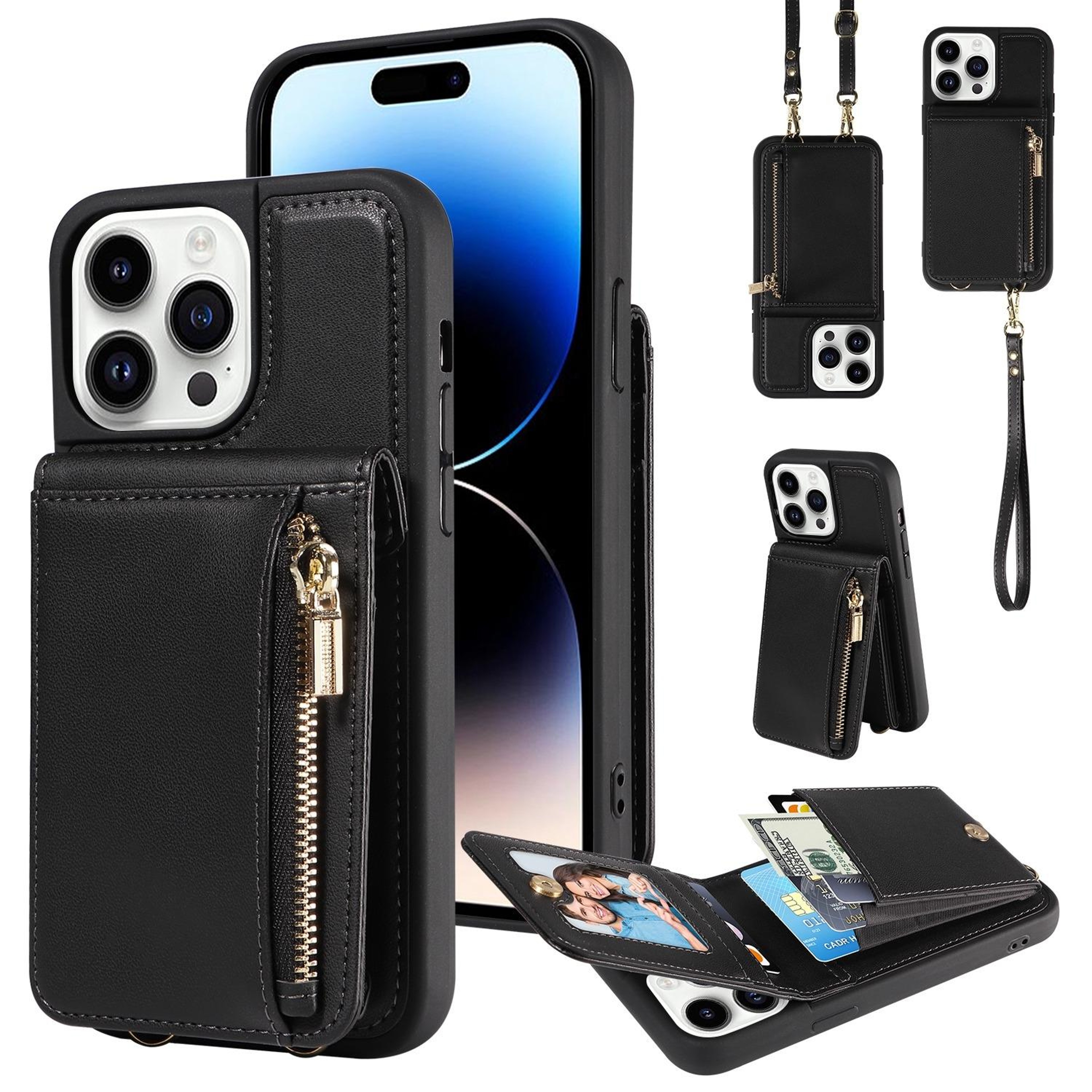 Leather Crossbody iPhone Wallet Case with Zipper Pocket & Lanyard Strap – view 59