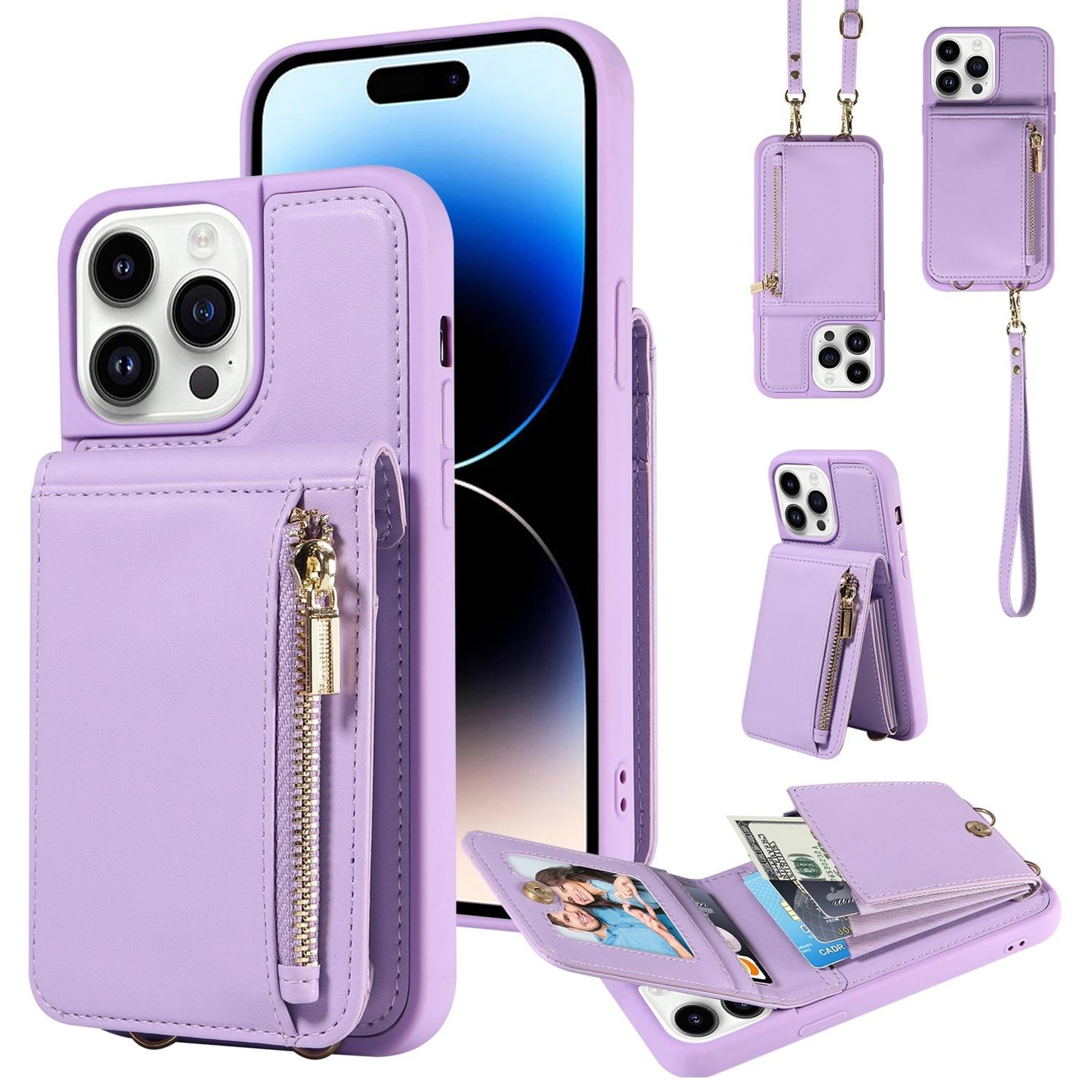 Leather Crossbody iPhone Wallet Case with Zipper Pocket & Lanyard Strap – view 64
