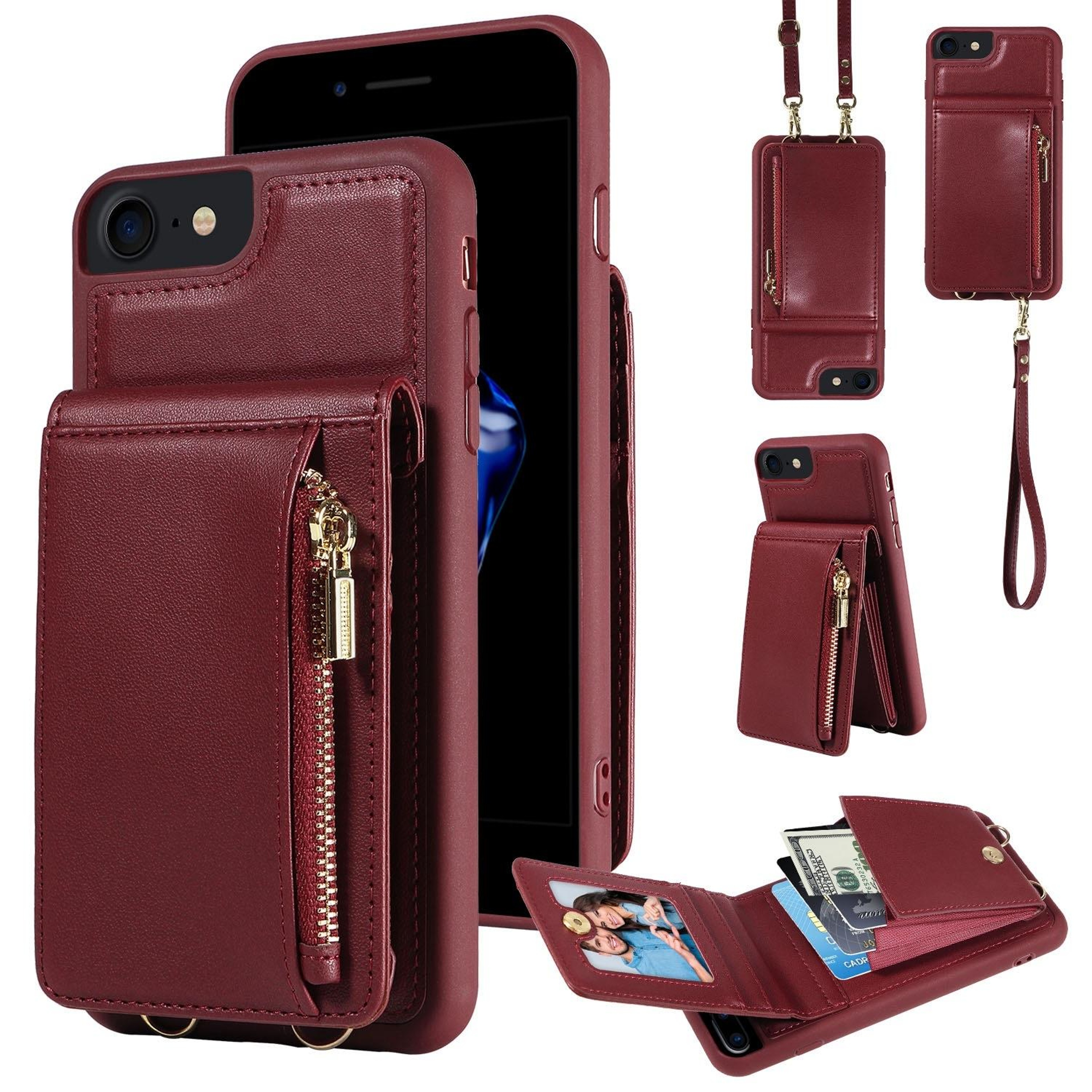 Leather Crossbody iPhone Wallet Case with Zipper Pocket & Lanyard Strap – view 67
