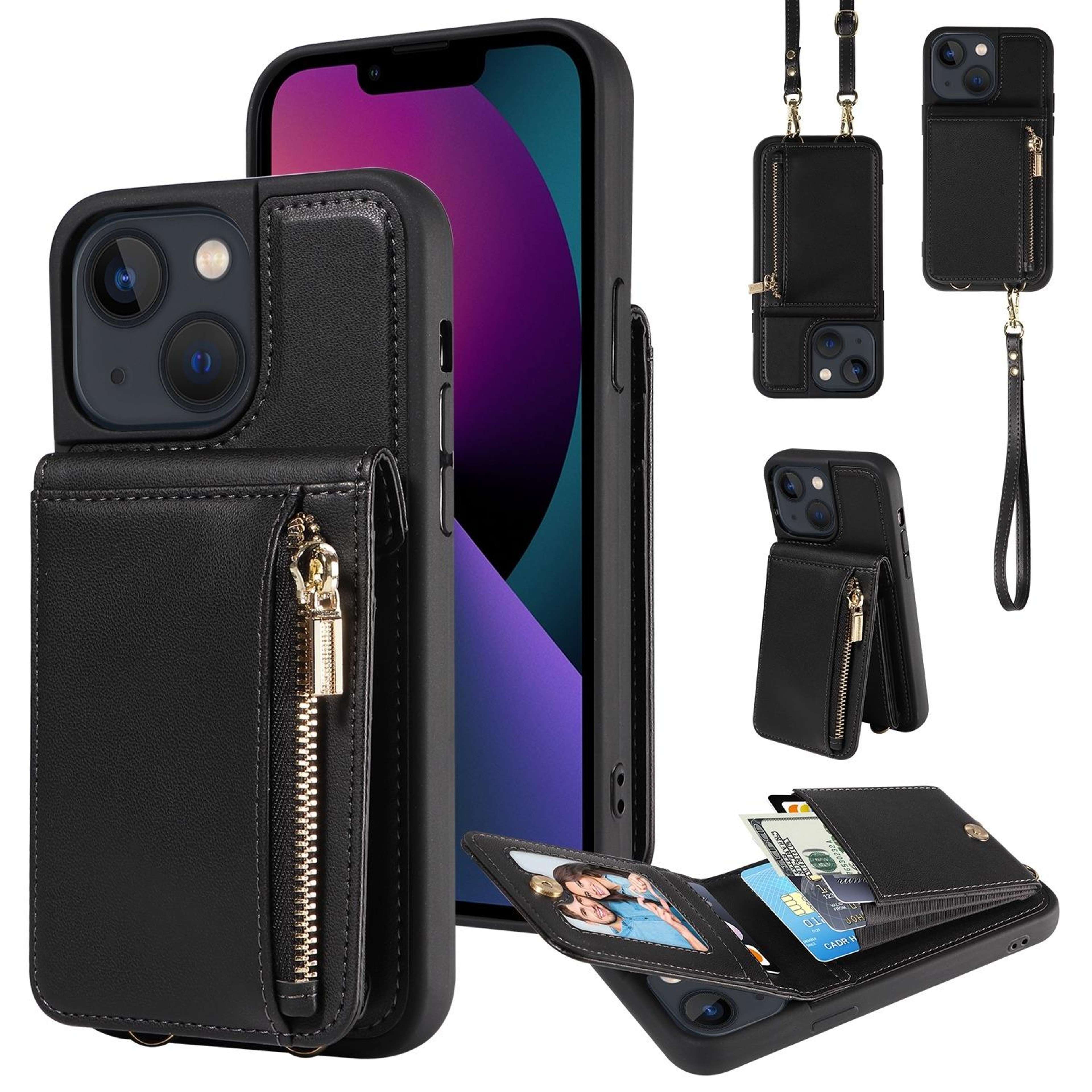 Leather Crossbody iPhone Wallet Case with Zipper Pocket & Lanyard Strap – view 83