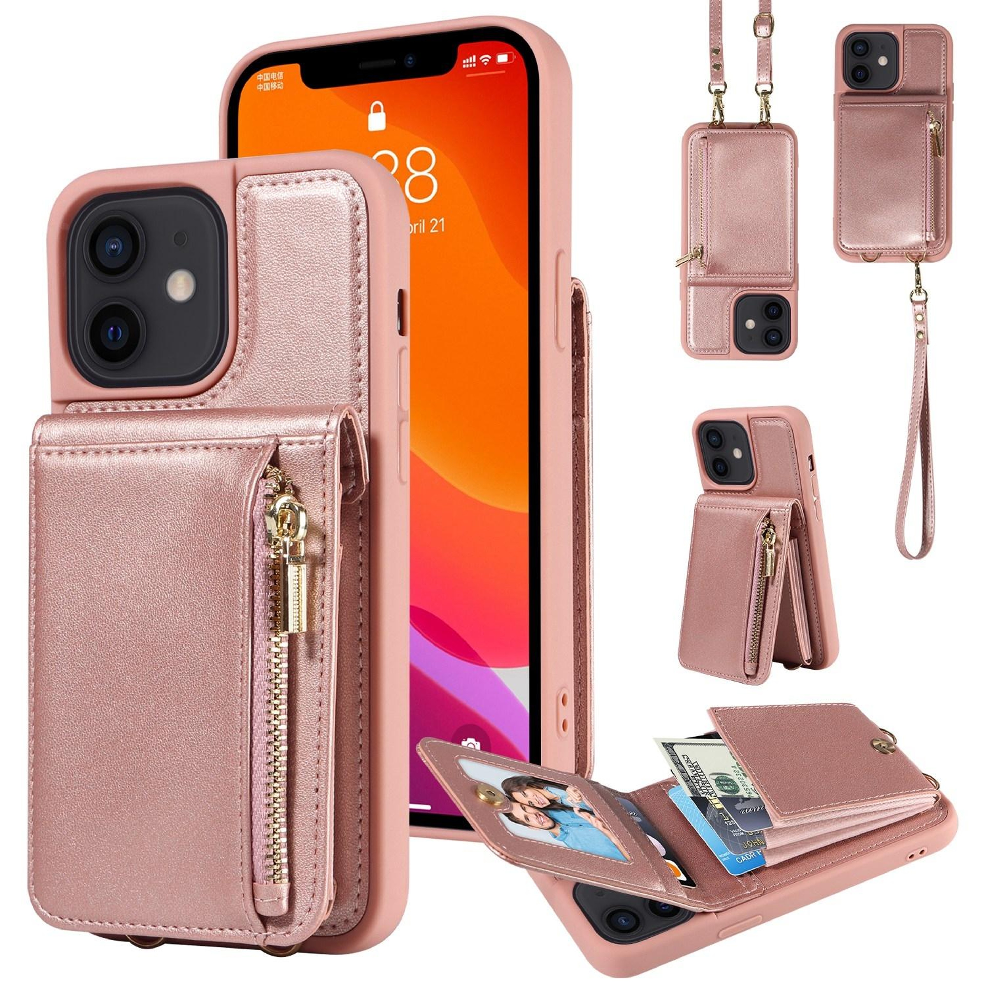 Leather Crossbody iPhone Wallet Case with Zipper Pocket & Lanyard Strap – view 87