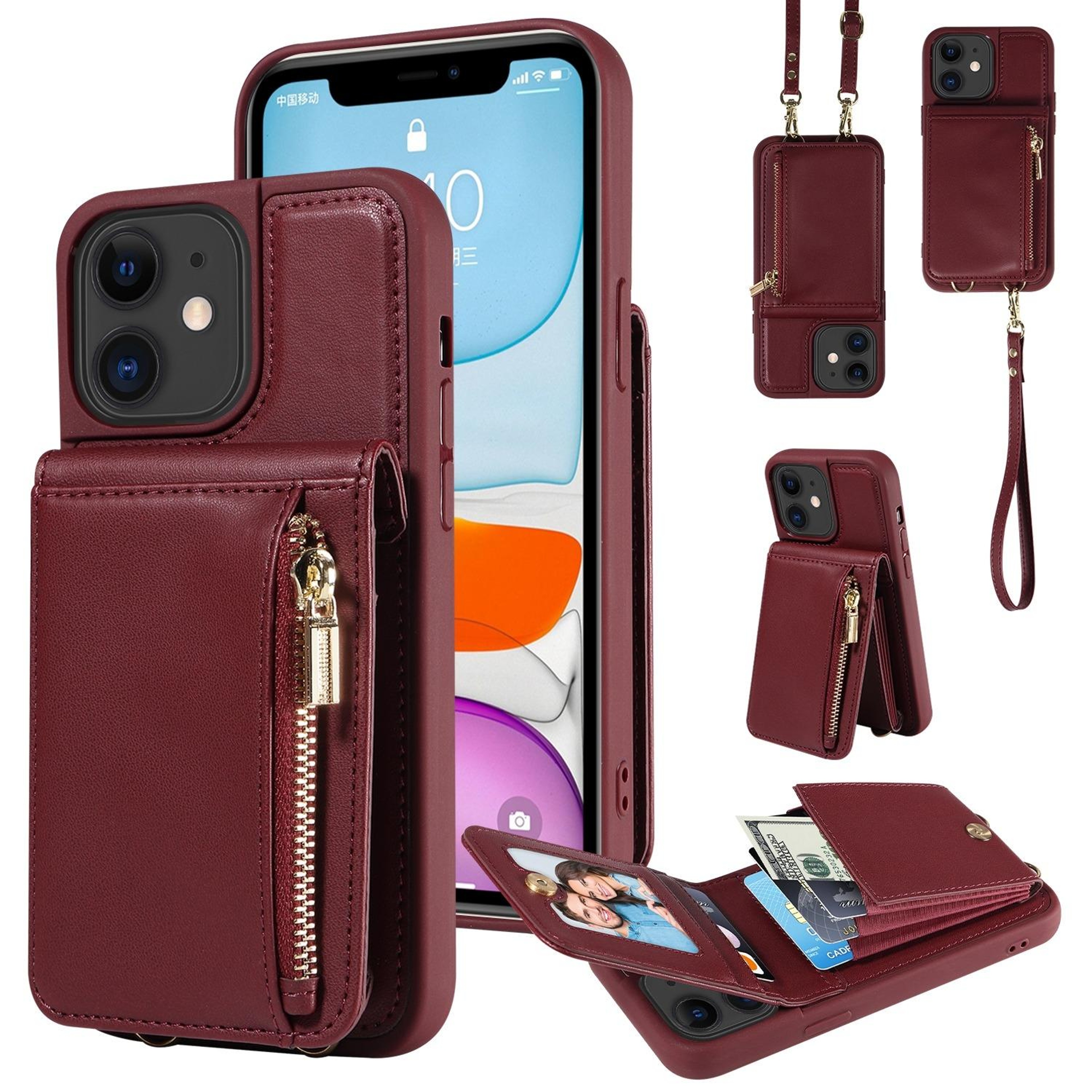 Leather Crossbody iPhone Wallet Case with Zipper Pocket & Lanyard Strap – view 103