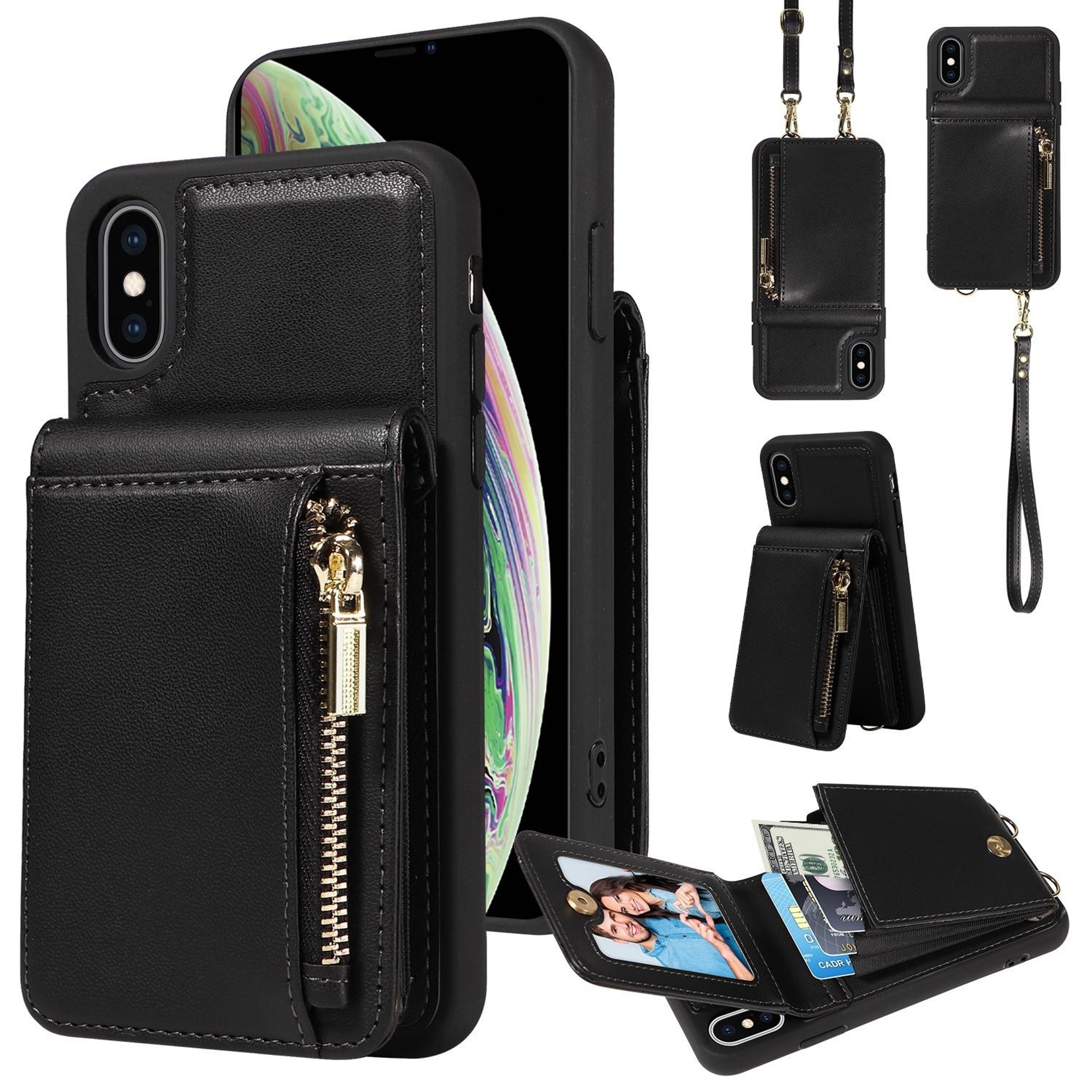 Leather Crossbody iPhone Wallet Case with Zipper Pocket & Lanyard Strap – view 125