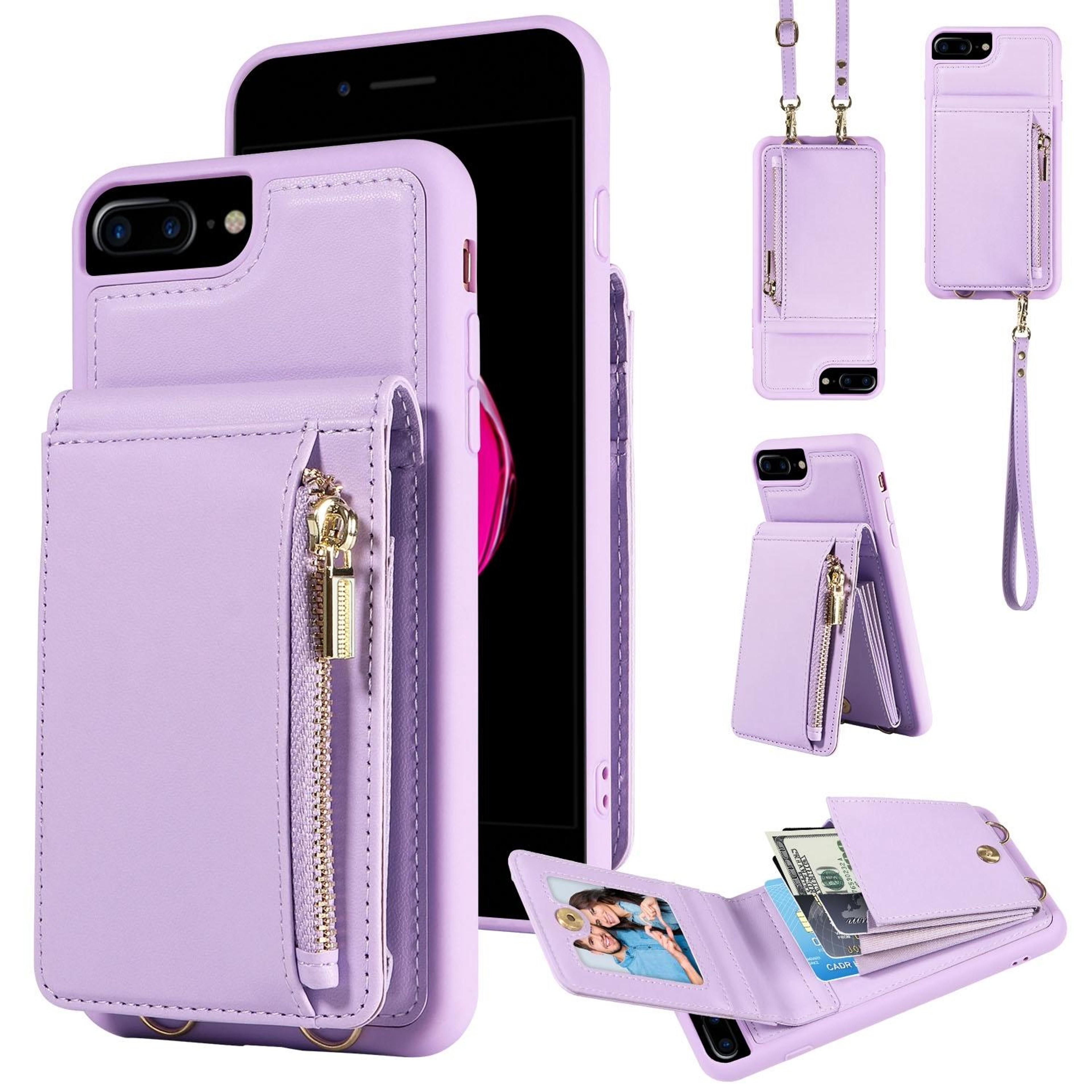 Leather Crossbody iPhone Wallet Case with Zipper Pocket & Lanyard Strap – view 128