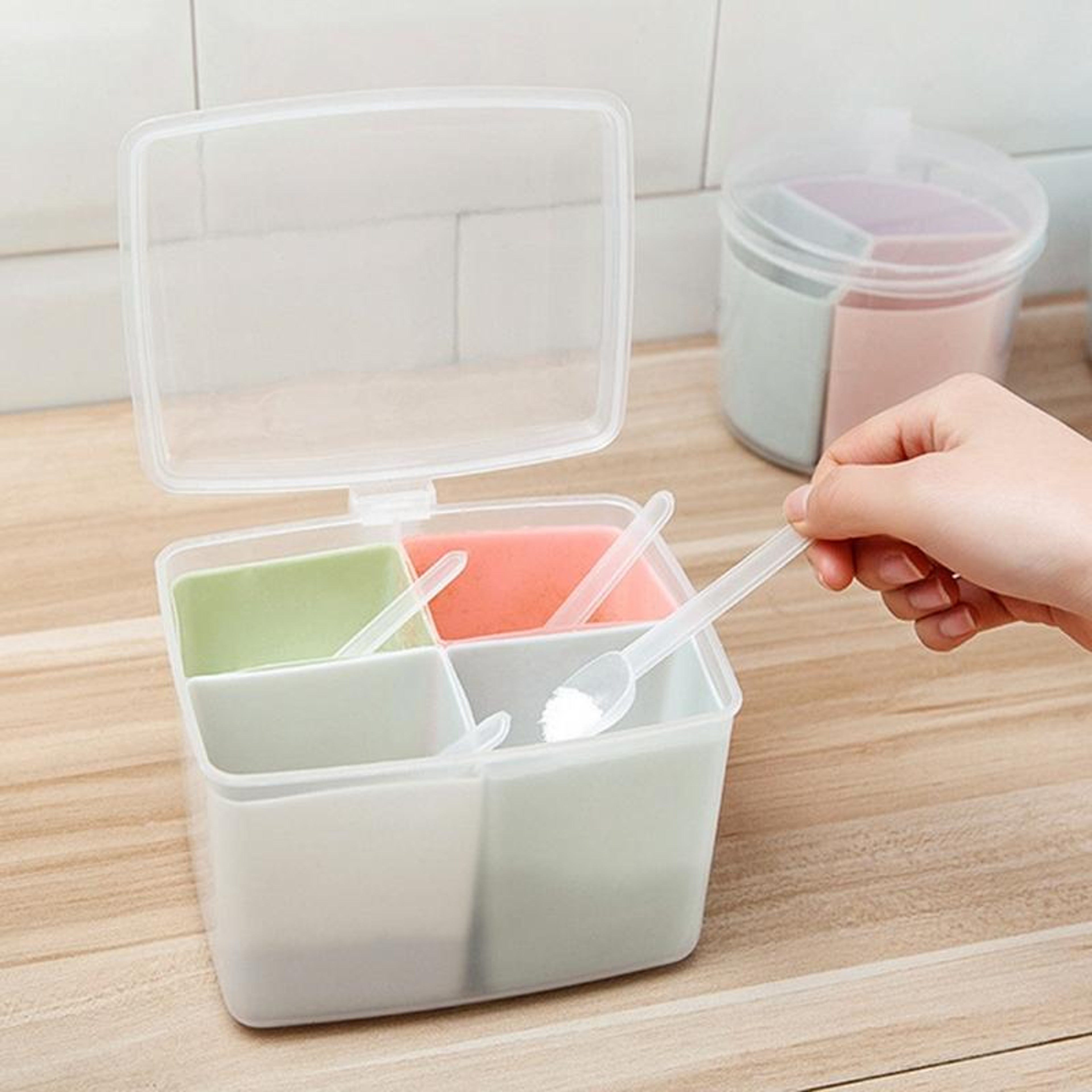 Round Compartment Spice Box With Spoon And Lid 5