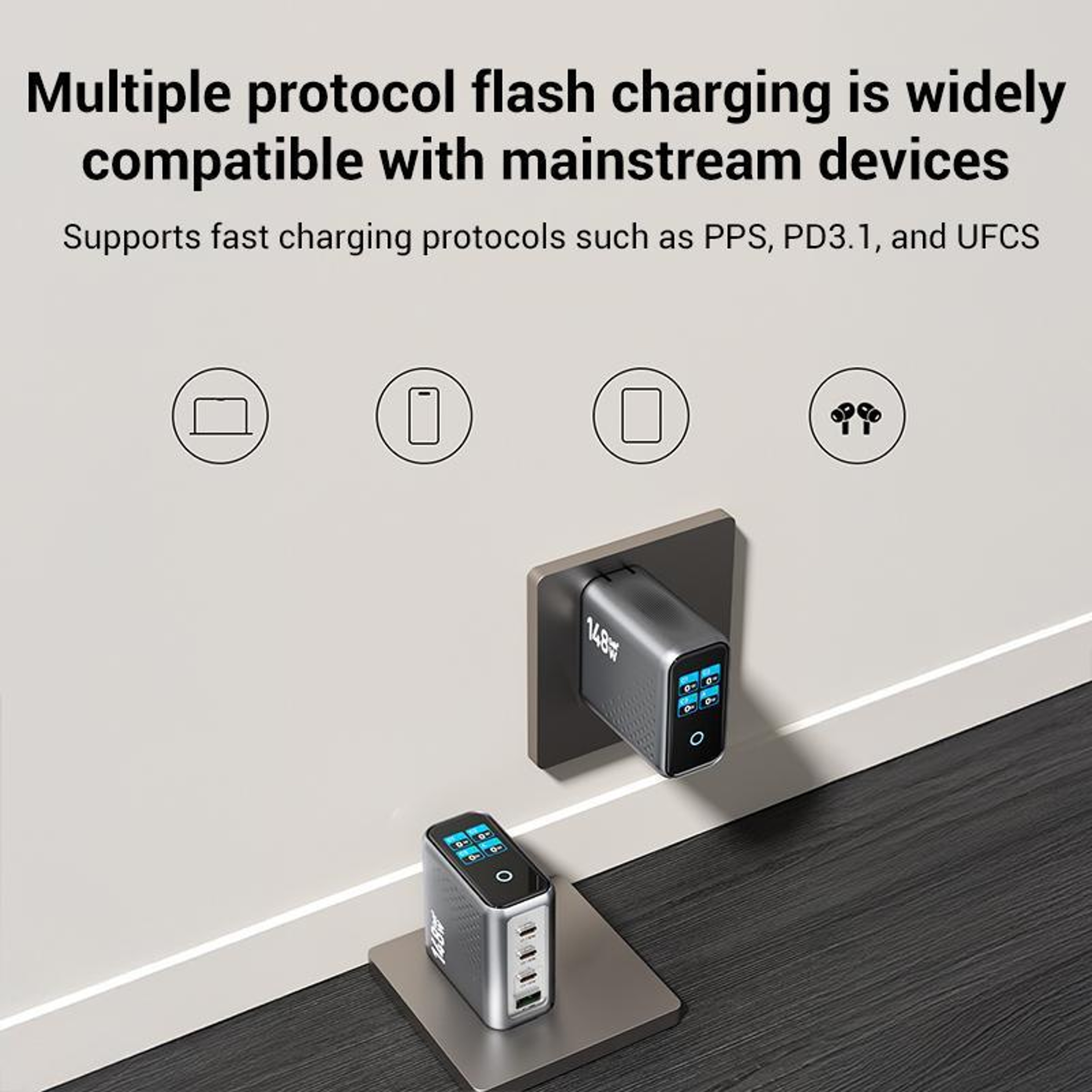 GaN Fast Charger With Smart Display 4 Port USB C Laptop  Phone Power Hub 6