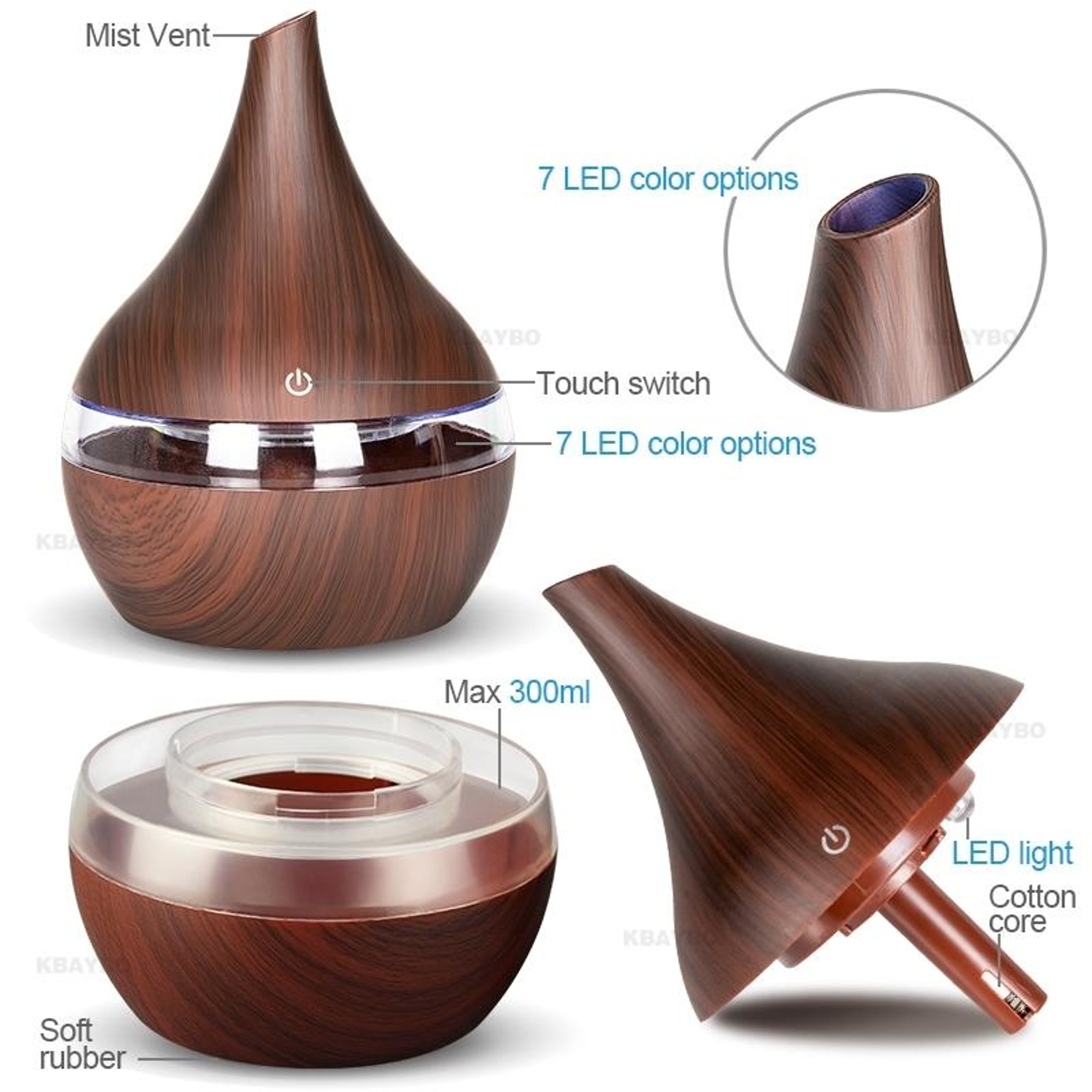 300ml USB Aroma Diffuser Ultrasonic Humidifier With Wood Grain Finish Quiet Cool Mist Aromatherapy 2