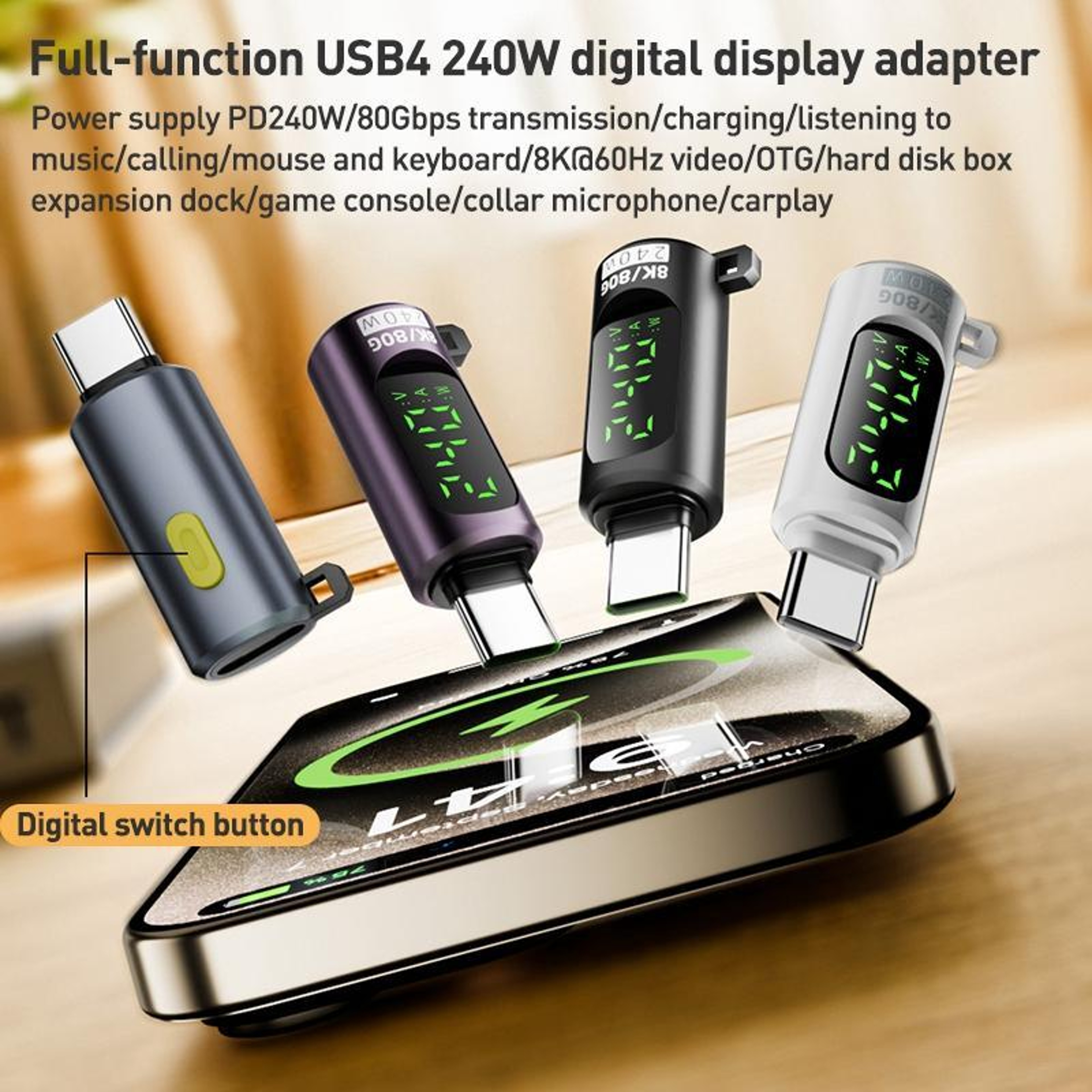 240W USB C To USB C Adapter With Display Fast Charging Data Cable Converter 1
