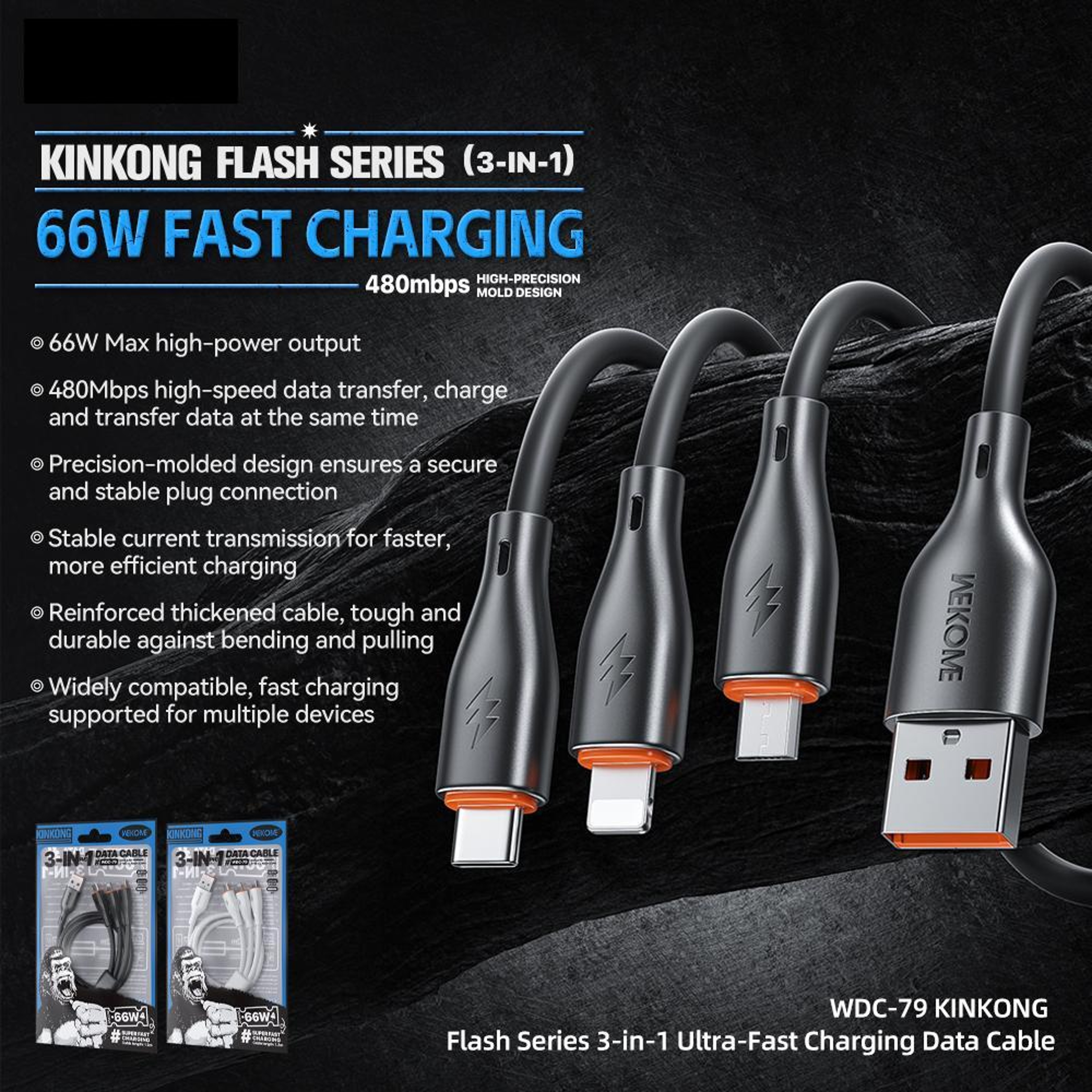 3 In 1 Fast Charging Cable 66W Universal Multi Charging Cable USB To Type C Lightning Micro 1