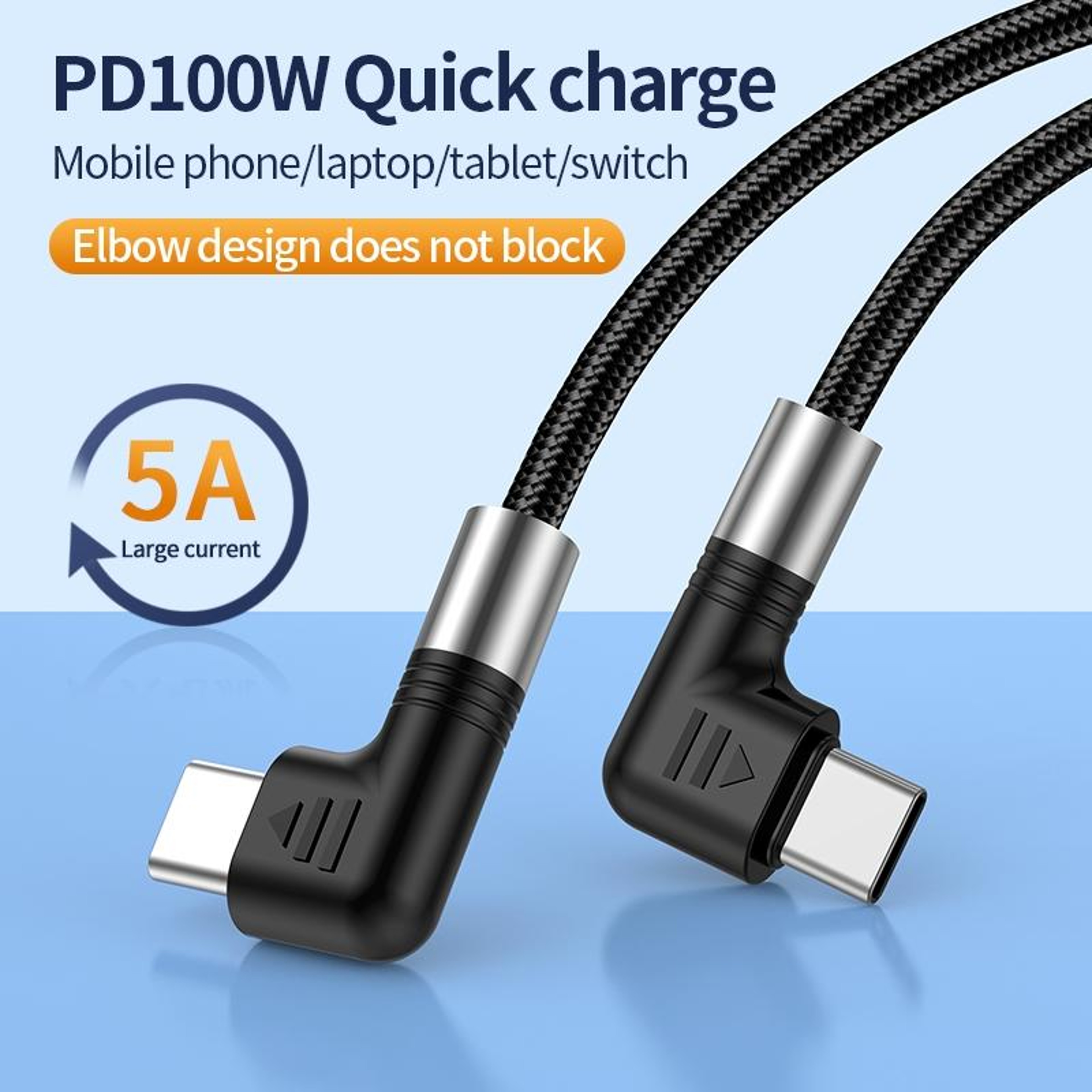 100W USB C Cable Right Angle Braided Fast Charging USB C To USB C Cable 2