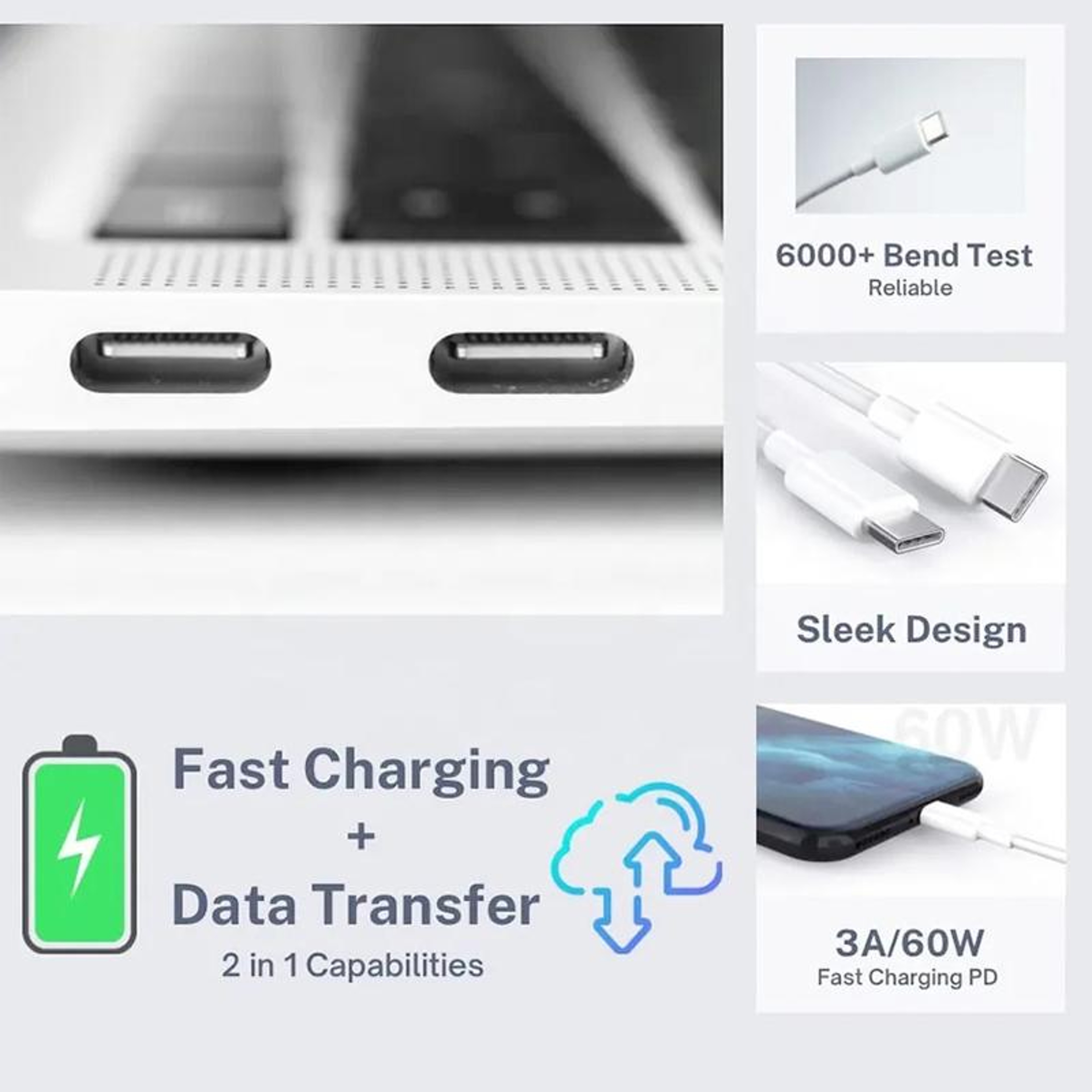 60W Fast Charging USB C Cable Durable Type C To Type C Data Sync Cable 2