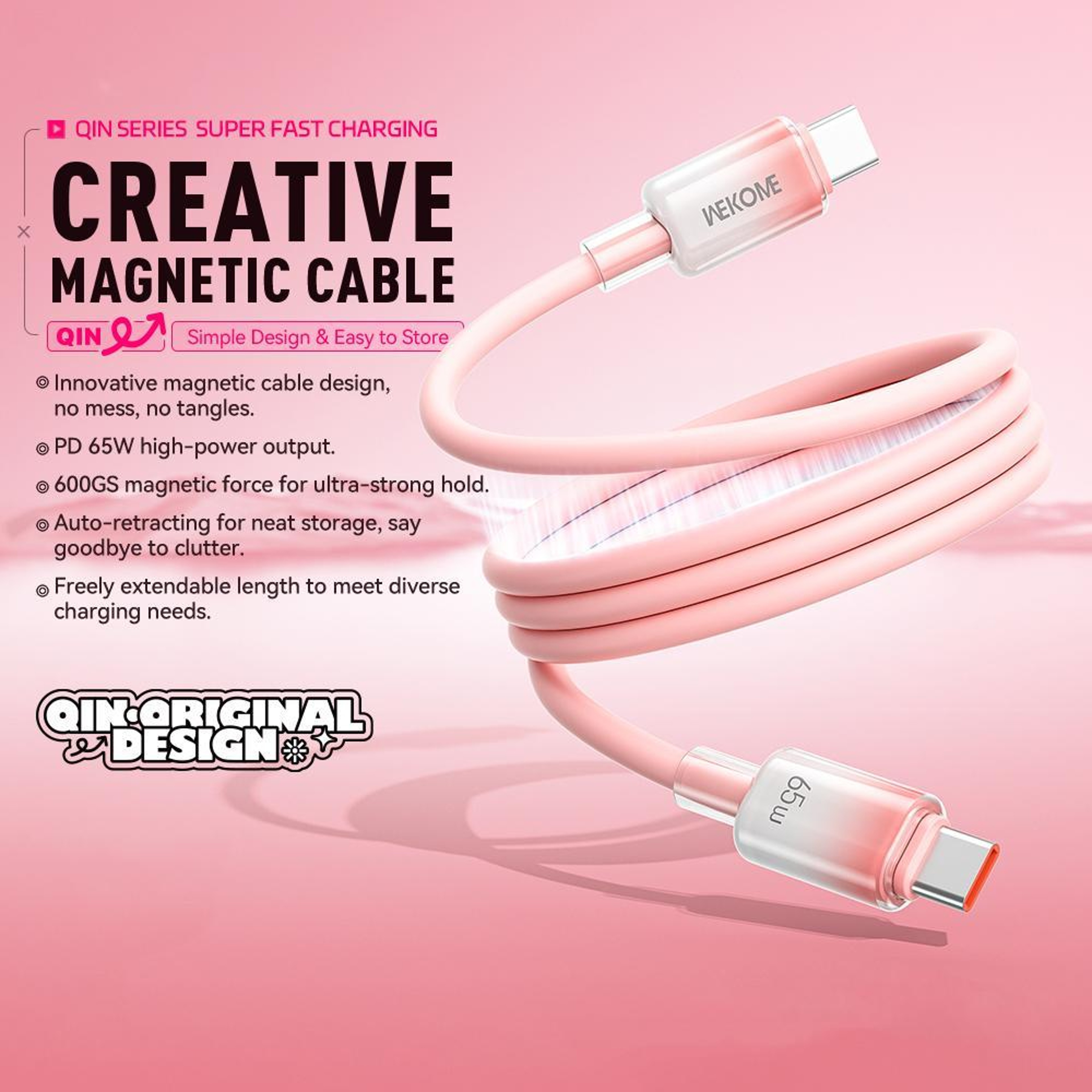 Magnetic 65W USB C Cable Fast Charging Silicone Retractable Cord 2