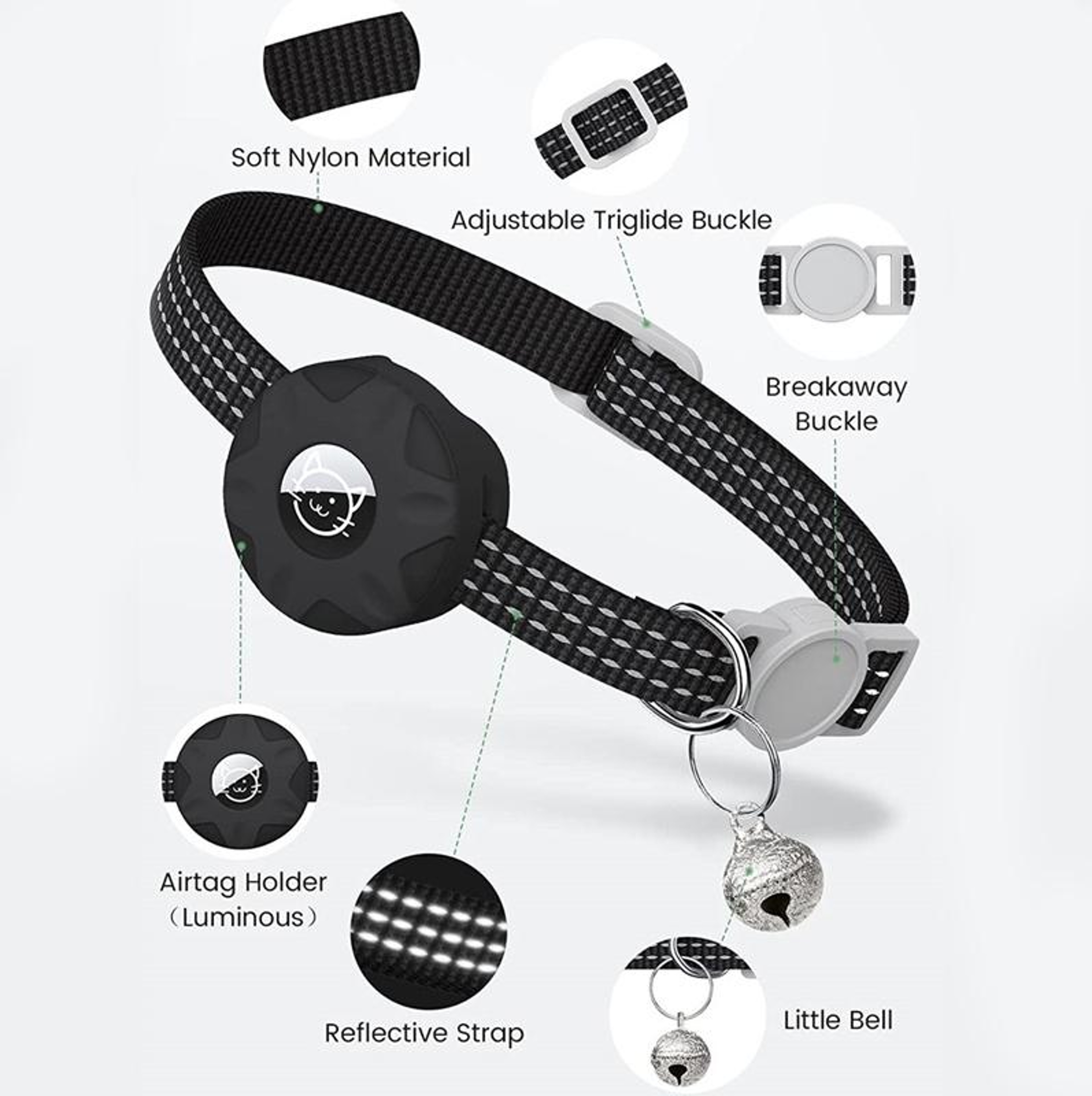 Reflective AirTag Cat Collar With Silicone Holder Bell And Safety Breakaway Buckle 2