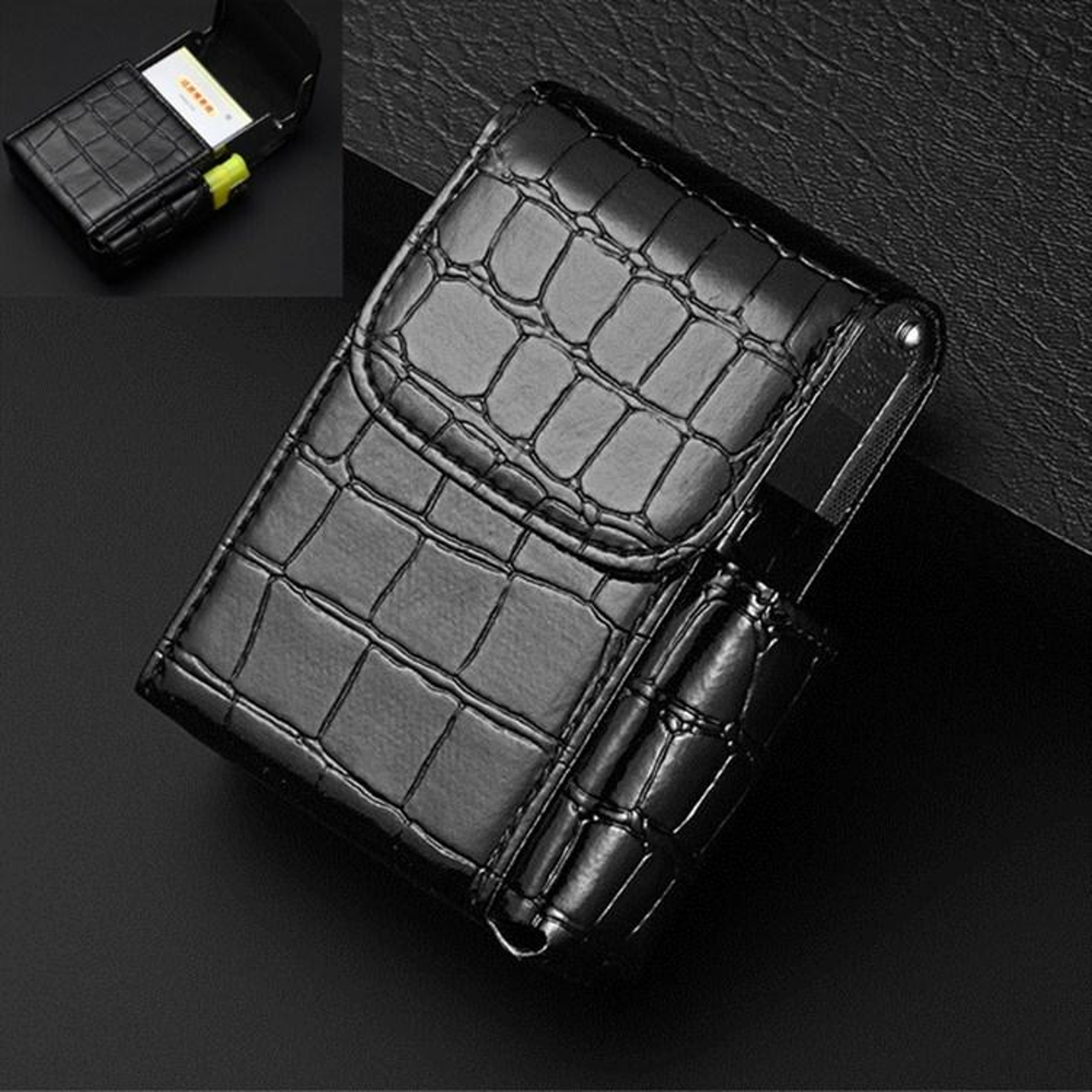 Slim PU Leather Cigarette Case With Lighter Holder  Business Card Organizer 0