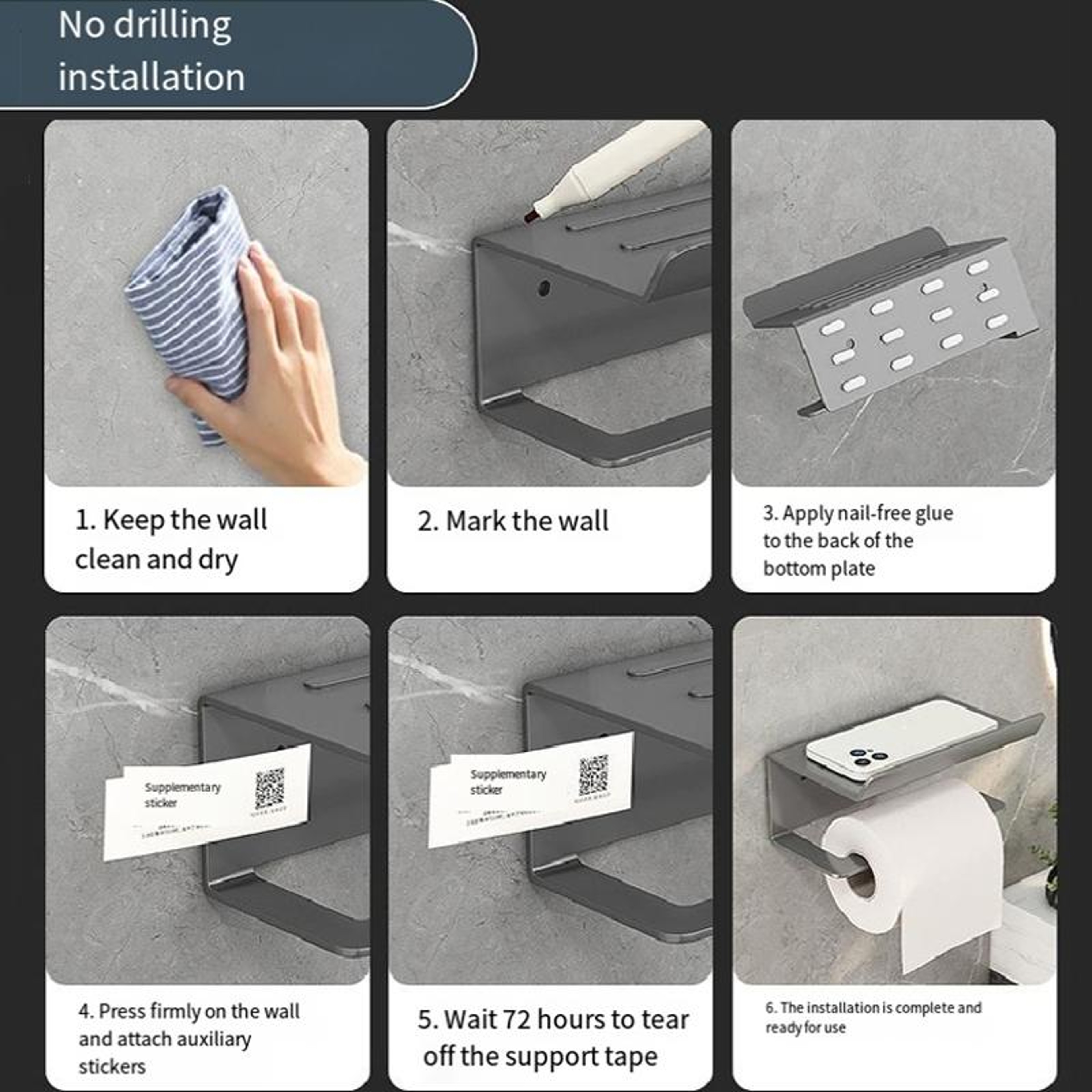 2in1 No Drill Bathroom Shelf With Paper Holder  Phone Stand Storage Rack 6
