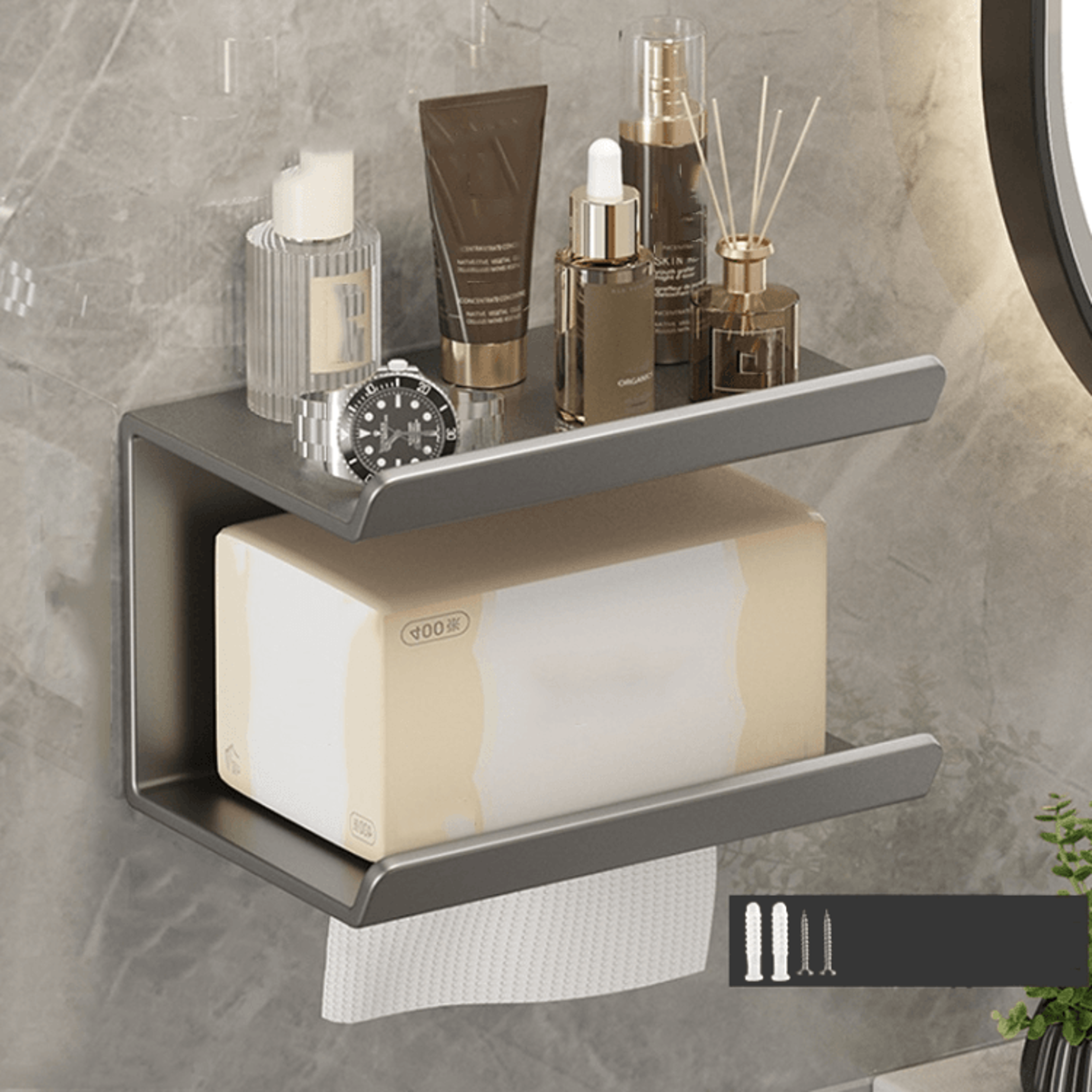 2in1 No Drill Bathroom Shelf With Paper Holder  Phone Stand Storage Rack 12