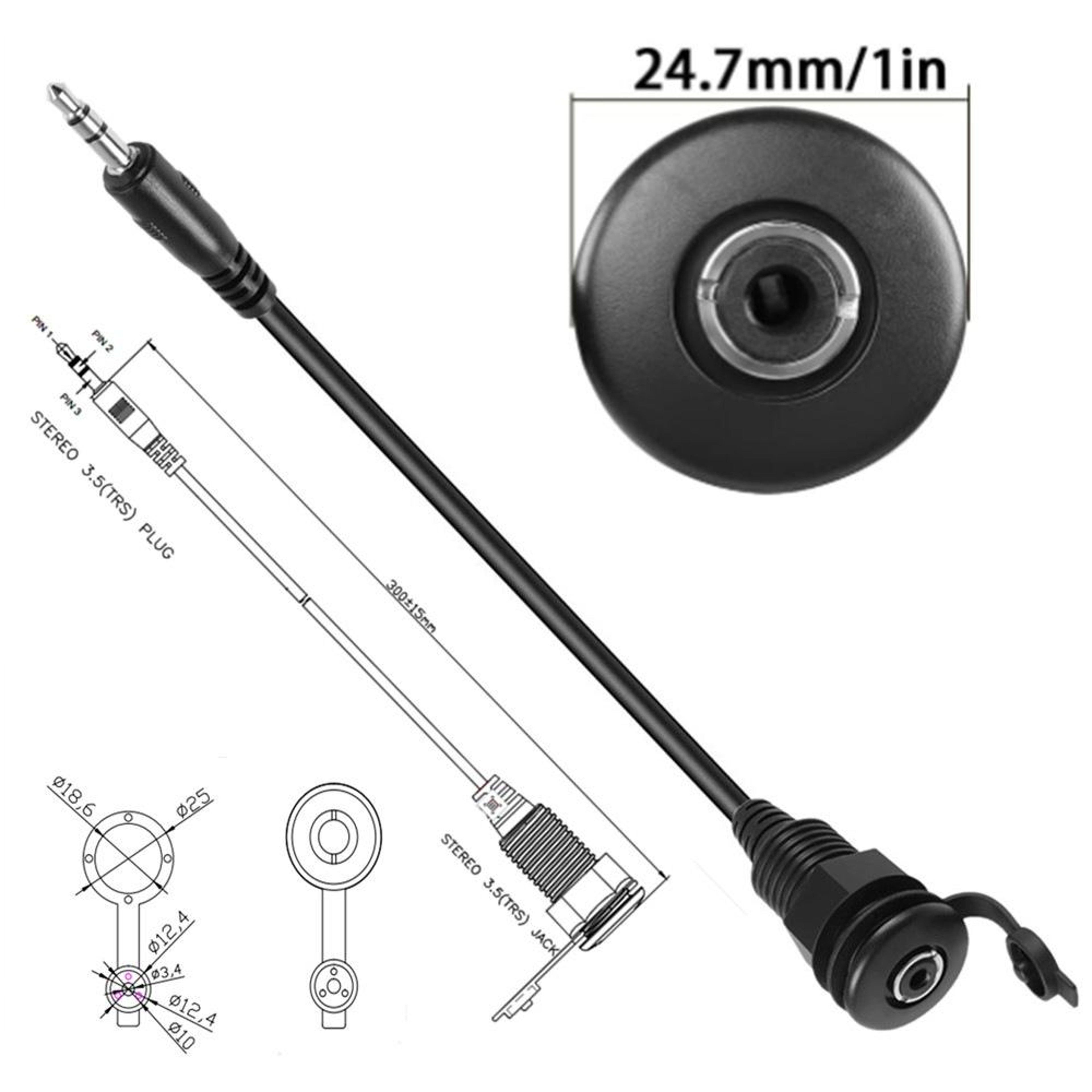 35mm Panel Mount Audio Cable With Threaded Jack Waterproof Audio Extension Cable For Car Marine Ste 4