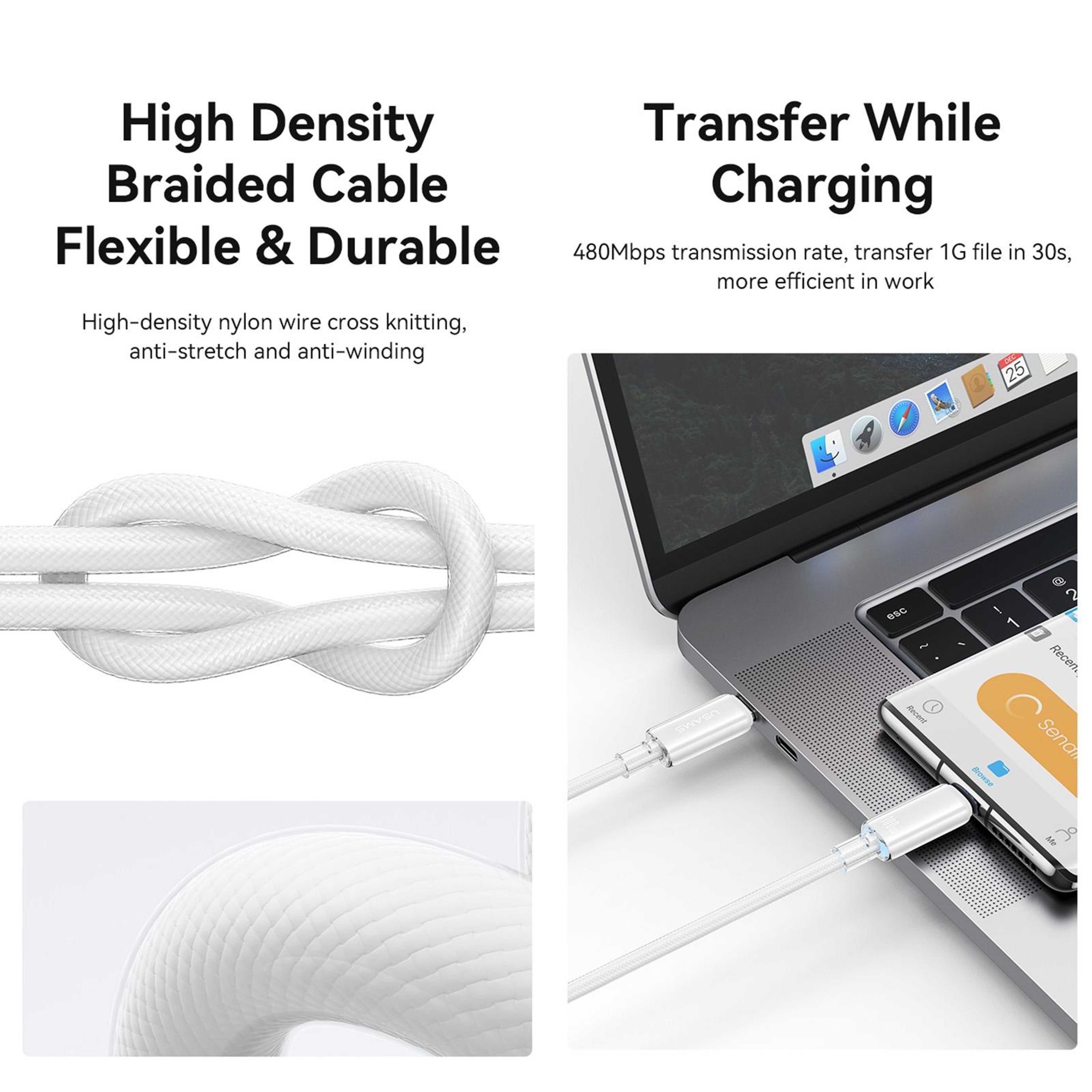 100W Type C Fast Charging Cable With LED Indicator Braided USB C Data Cable 6