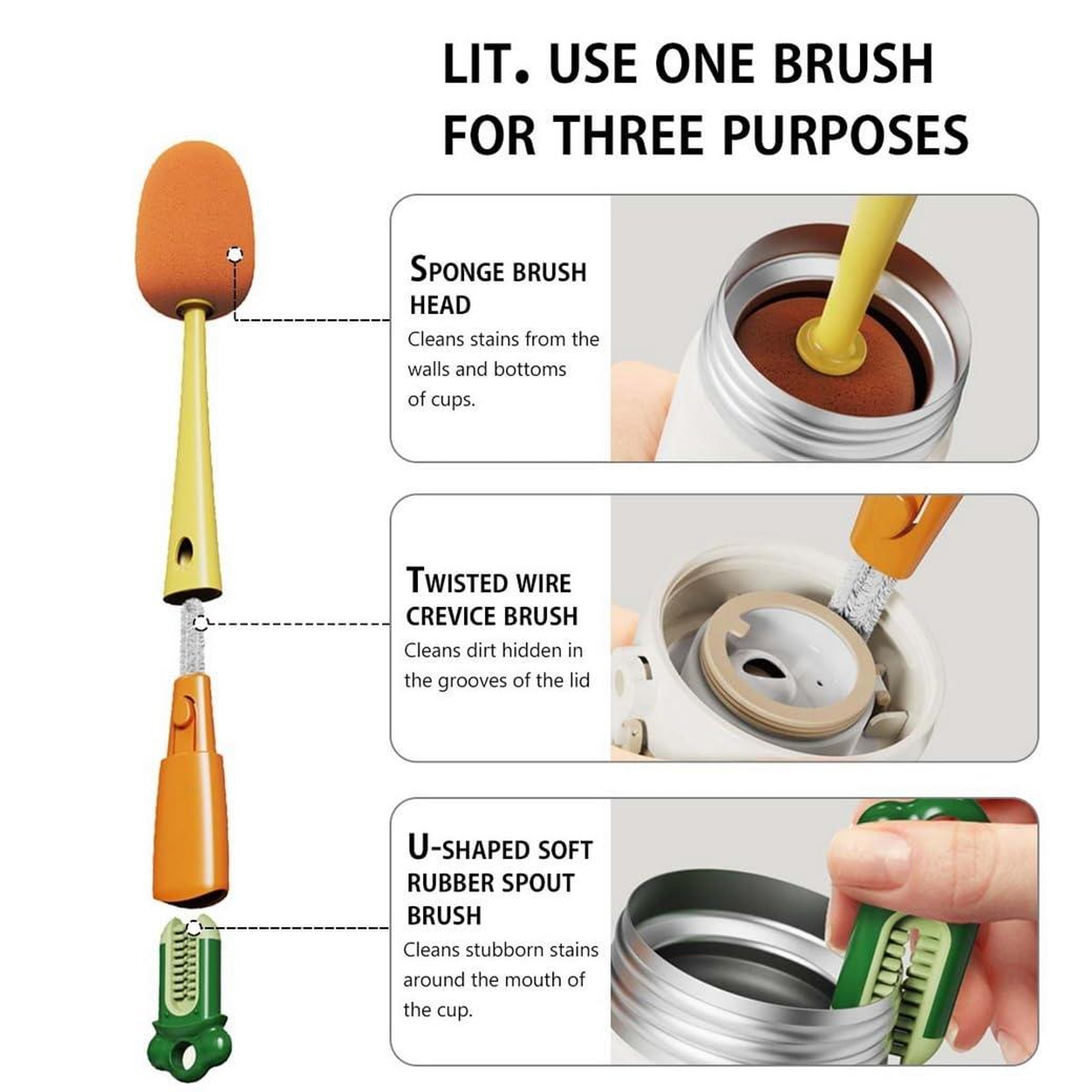 3 In 1 Bottle Cleaning Brush Long Handle Multifunctional Cup Cleaner Tool 3