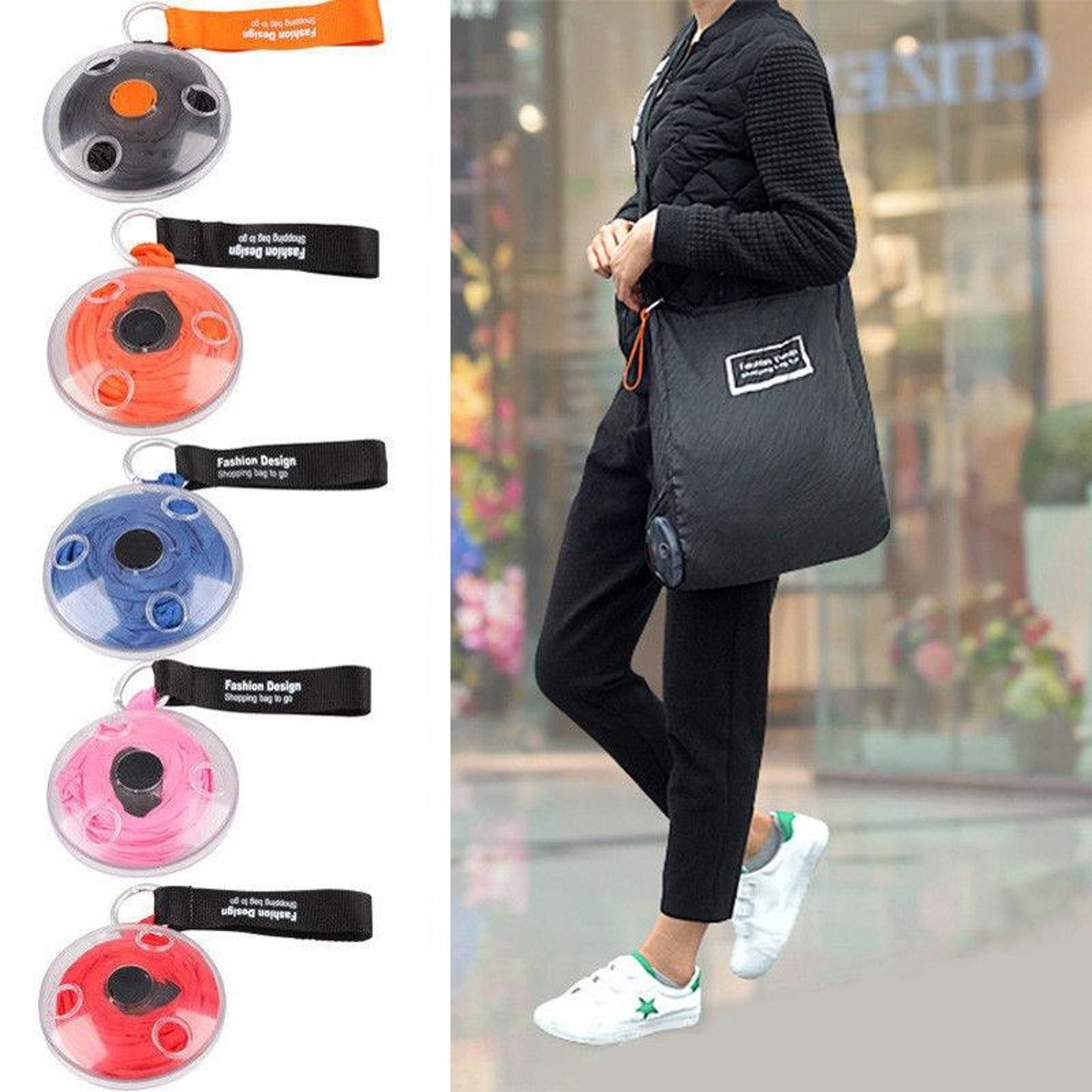 Packable Reusable Shopping Bag With Carabiner Clip Foldable Nylon Tote 2