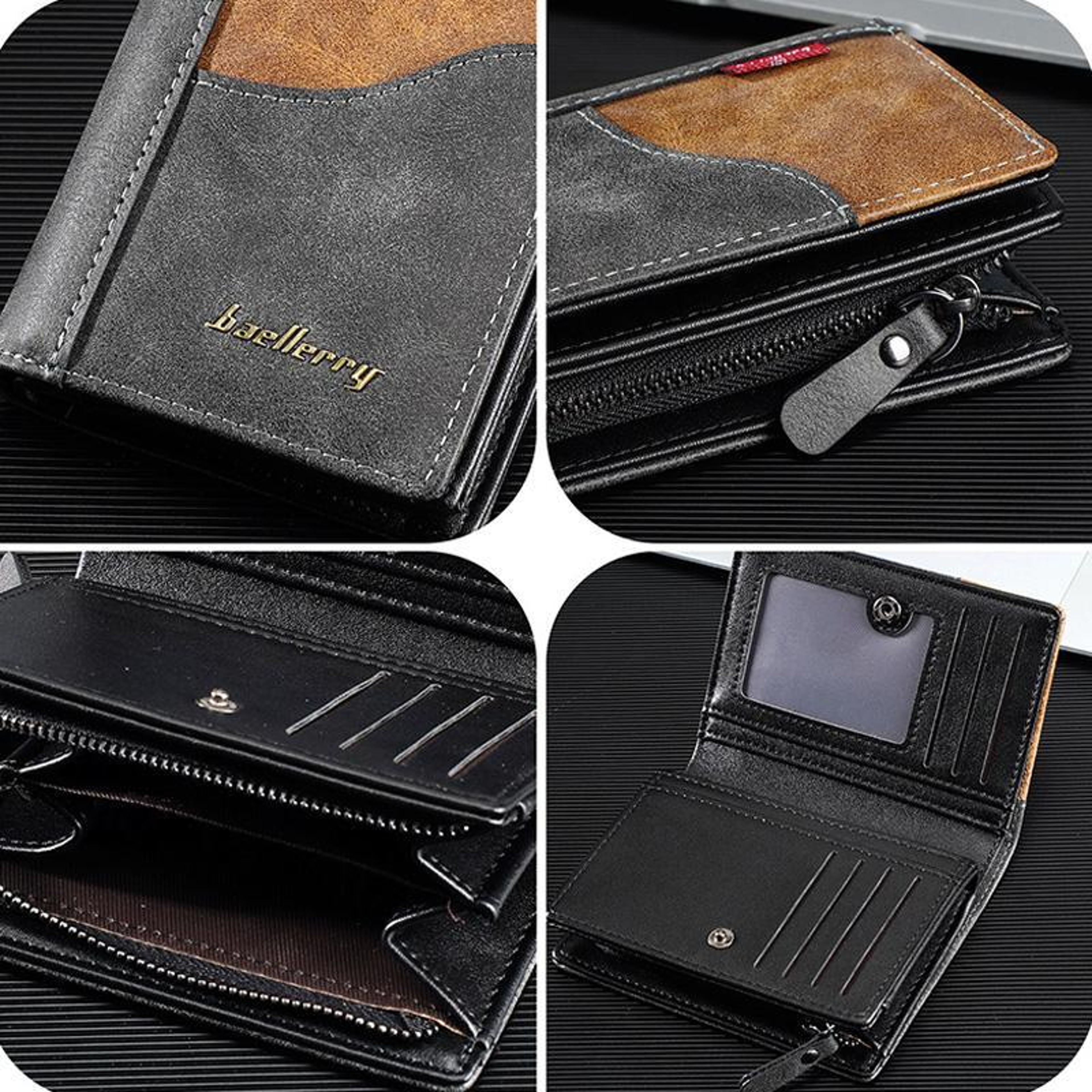 Vintage Contrast Zip Men Compact Wallet With Coin Pocket  Multi Card Holder 3