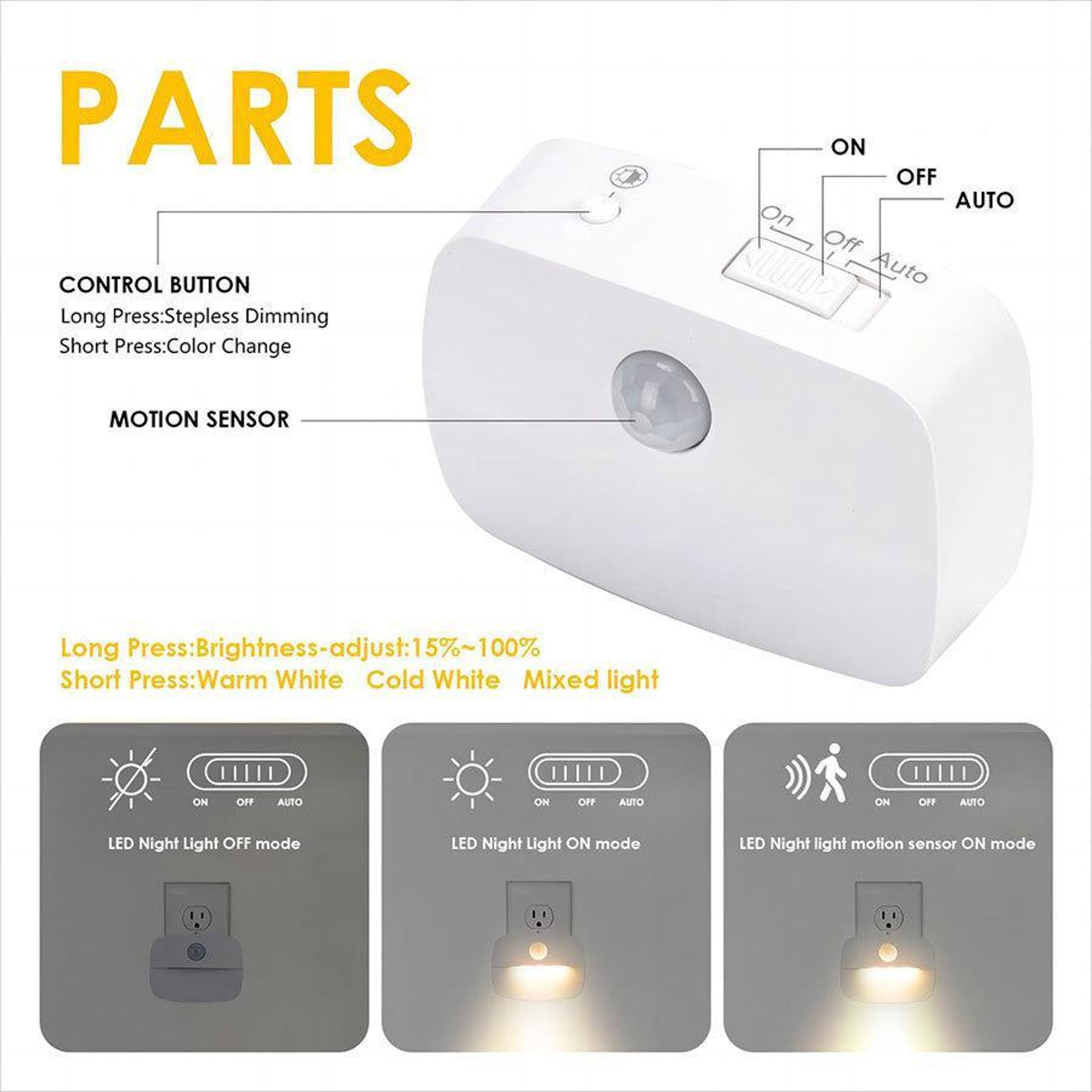 Smart Motion Sensor Night Light Plugin With 3 Color Modes  Dimmable LED For Hallway Bedroom 7