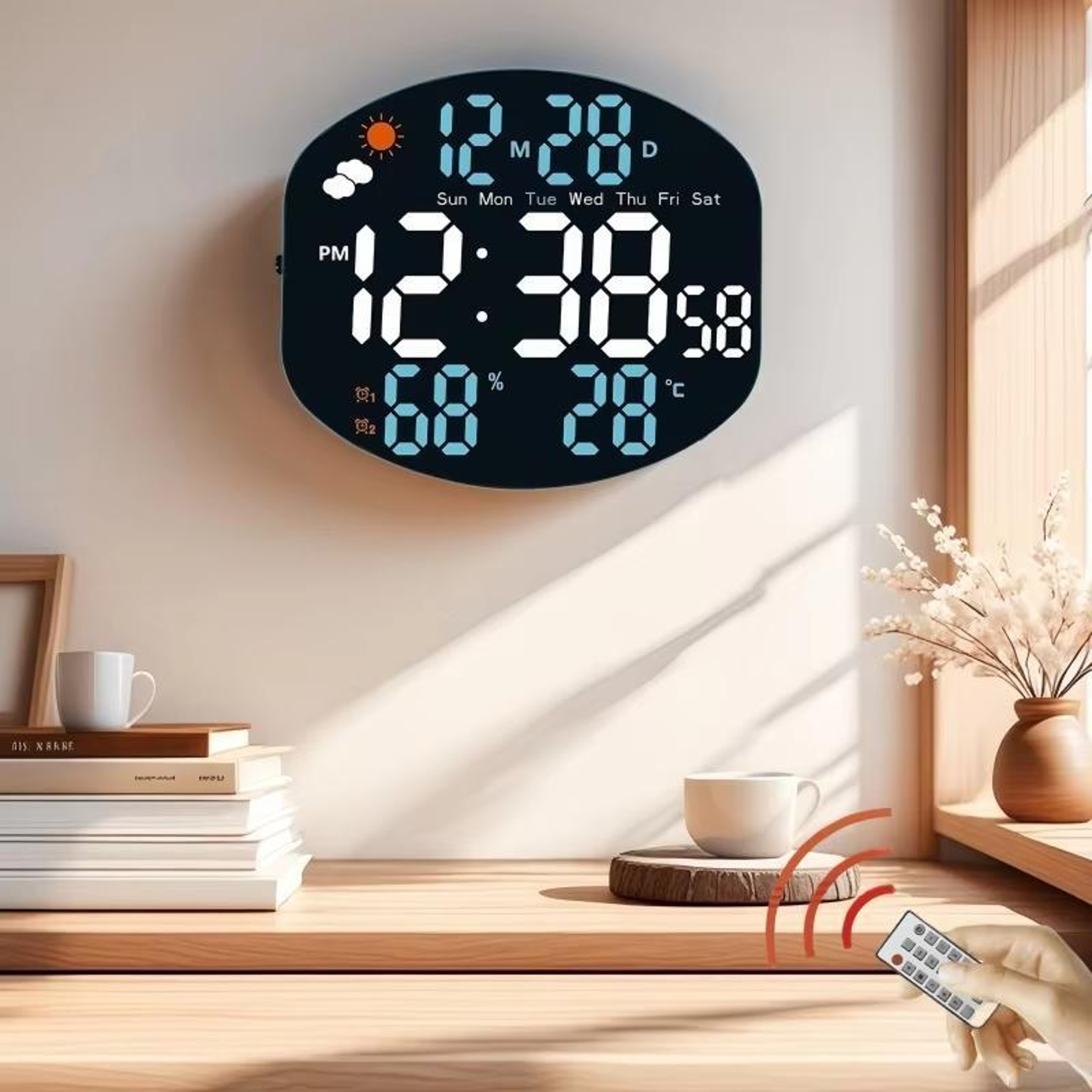 Smart LED Digital Wall Clock With Weather Station Remote Control  Dual Alarm Display 0