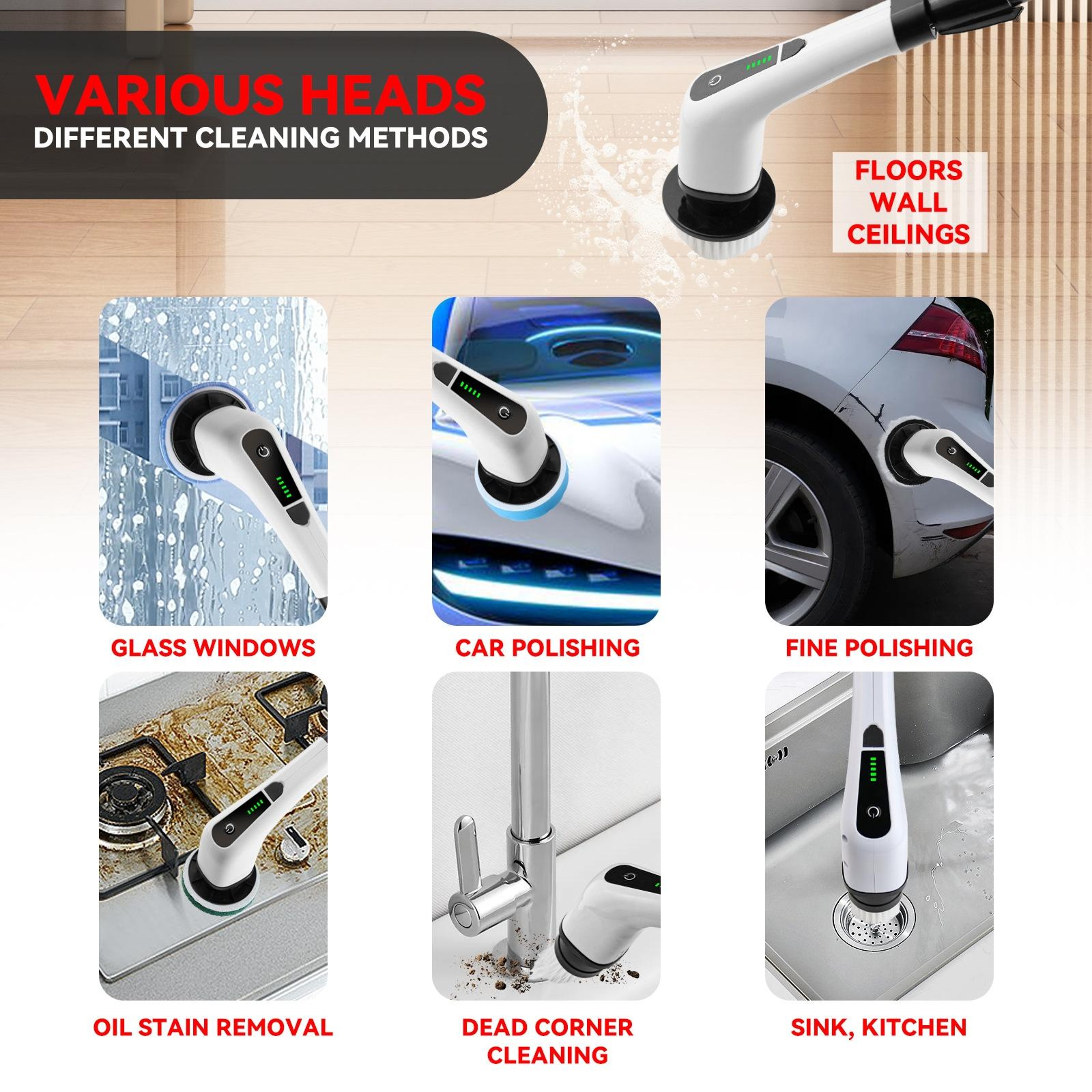 Cordless Electric Spin Scrubber With Extension Handle  7 Cleaning Heads 7