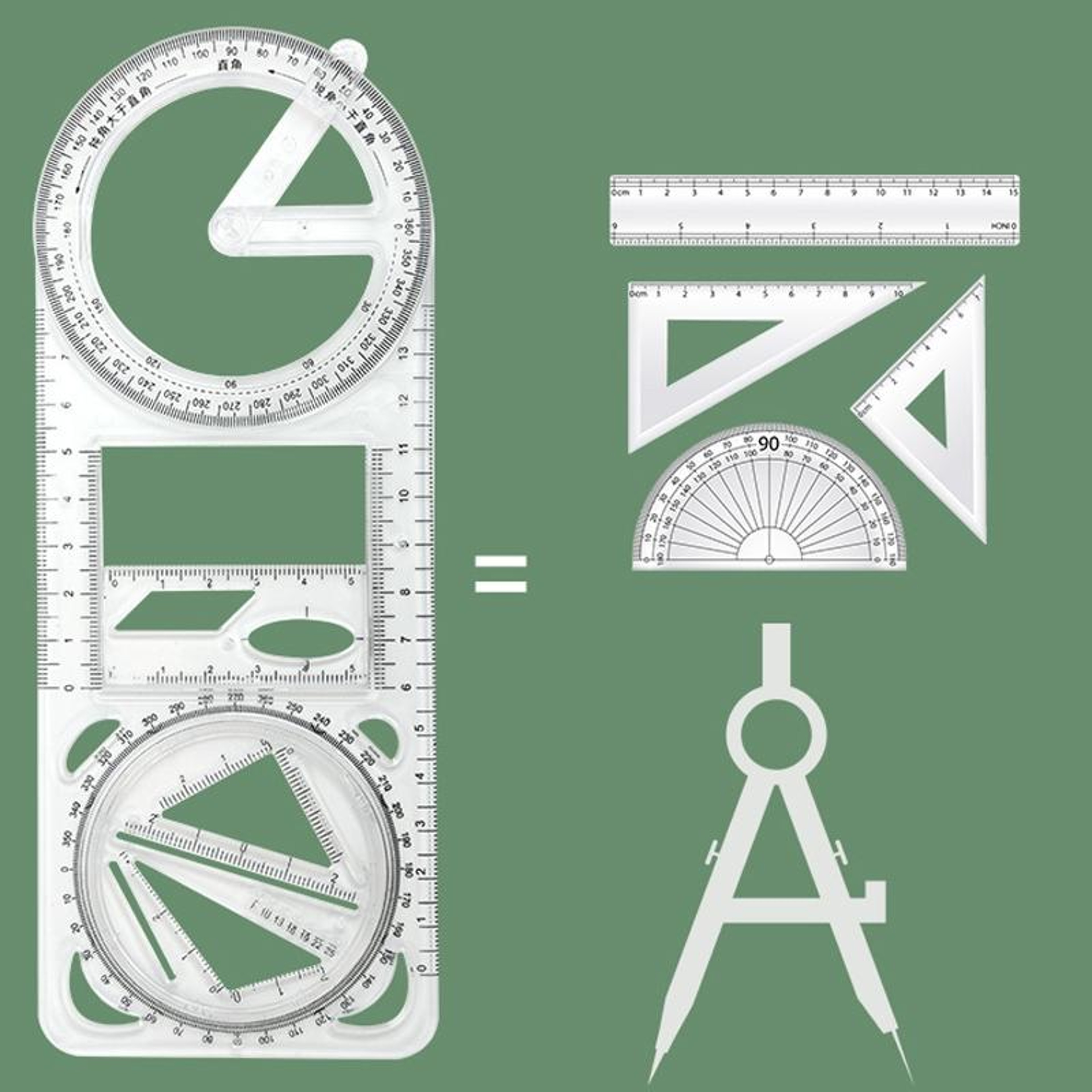2PCS Multifunctional Drawing Ruler Set with Rotating Protractor and Geometric Drawing Templates – view 7
