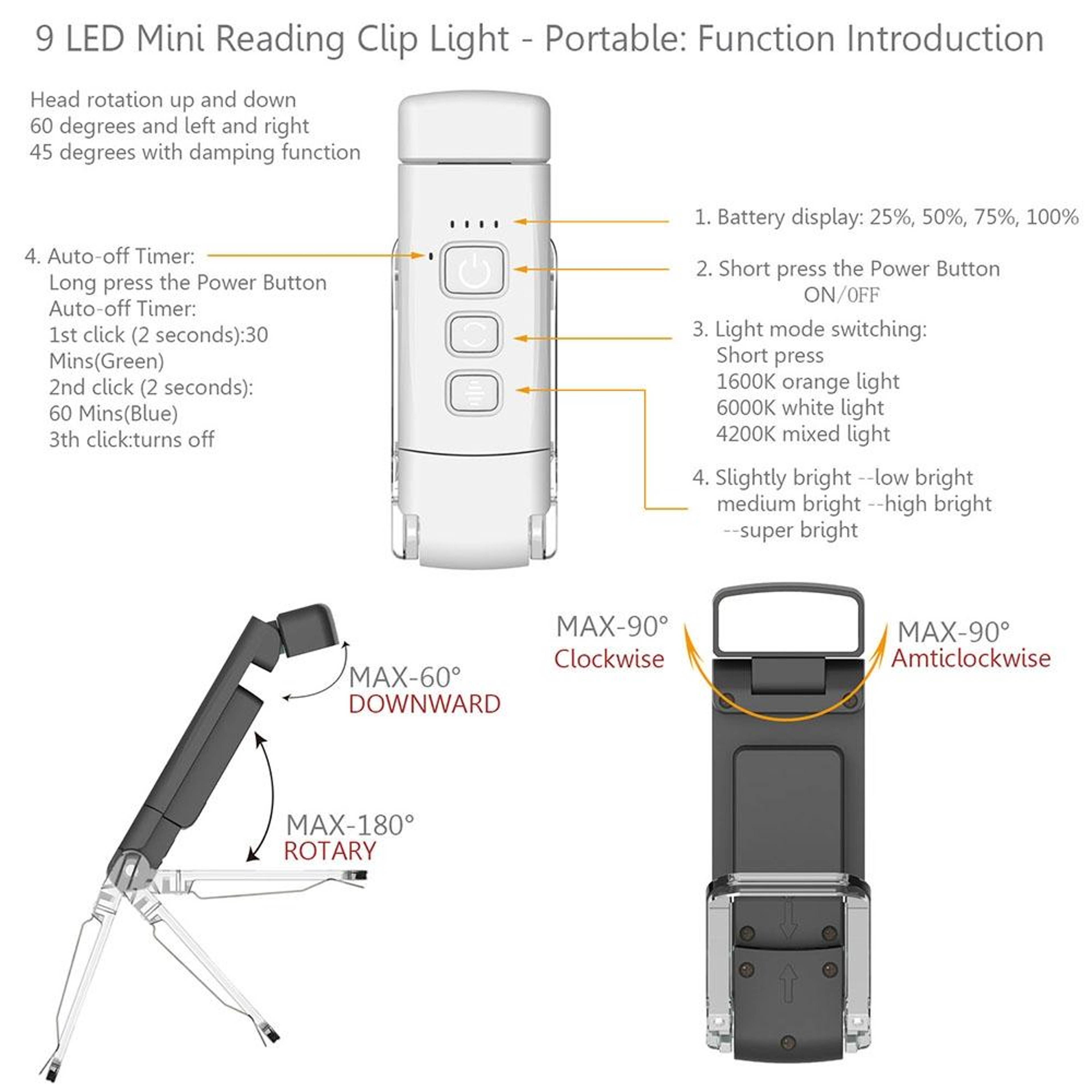 USB Charging Portable Eye Protection Reading Light Detachable Rotatable Mini LED Lamp 4