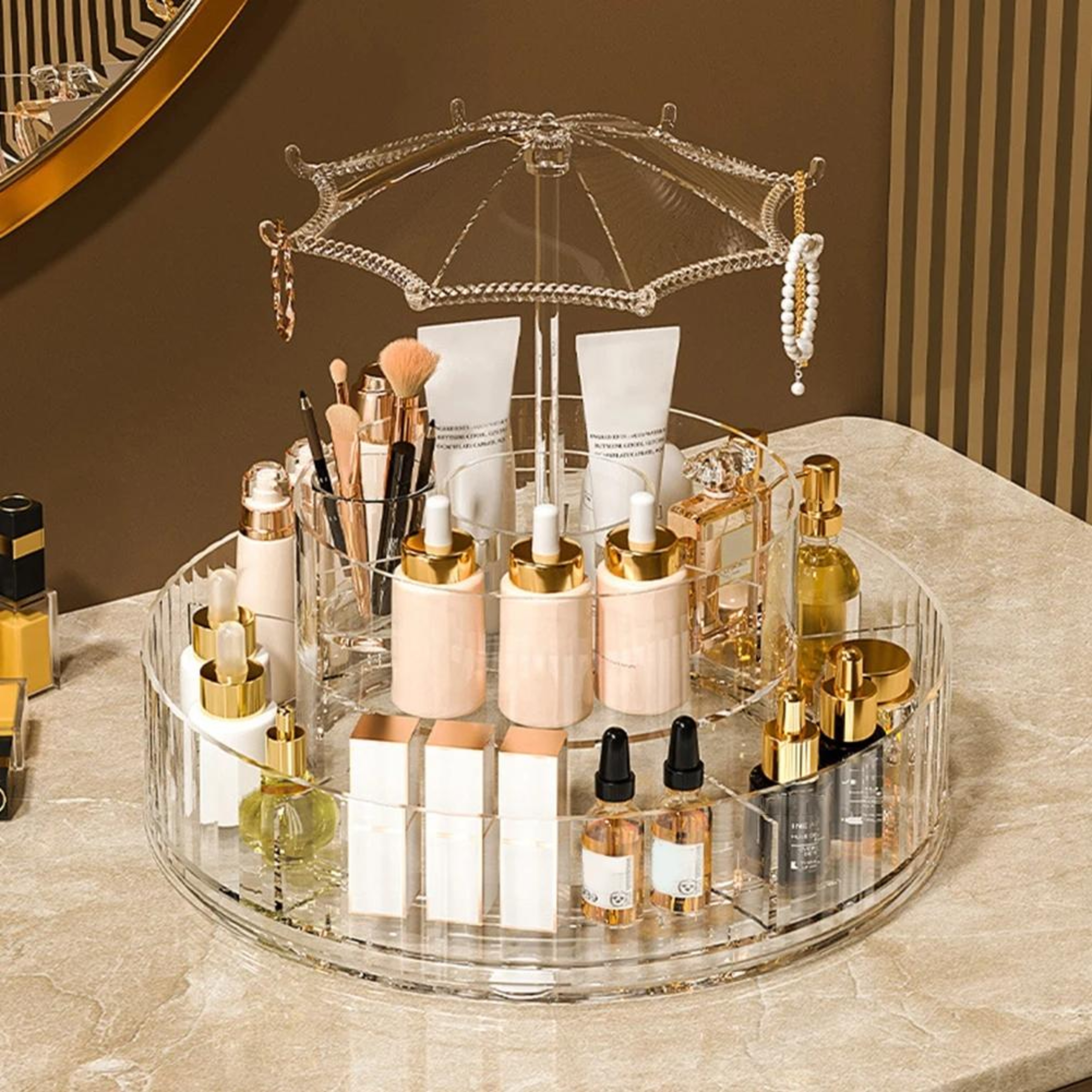 Large Capacity Rotating Cosmetic Storage Box With Transparent Compartments 0