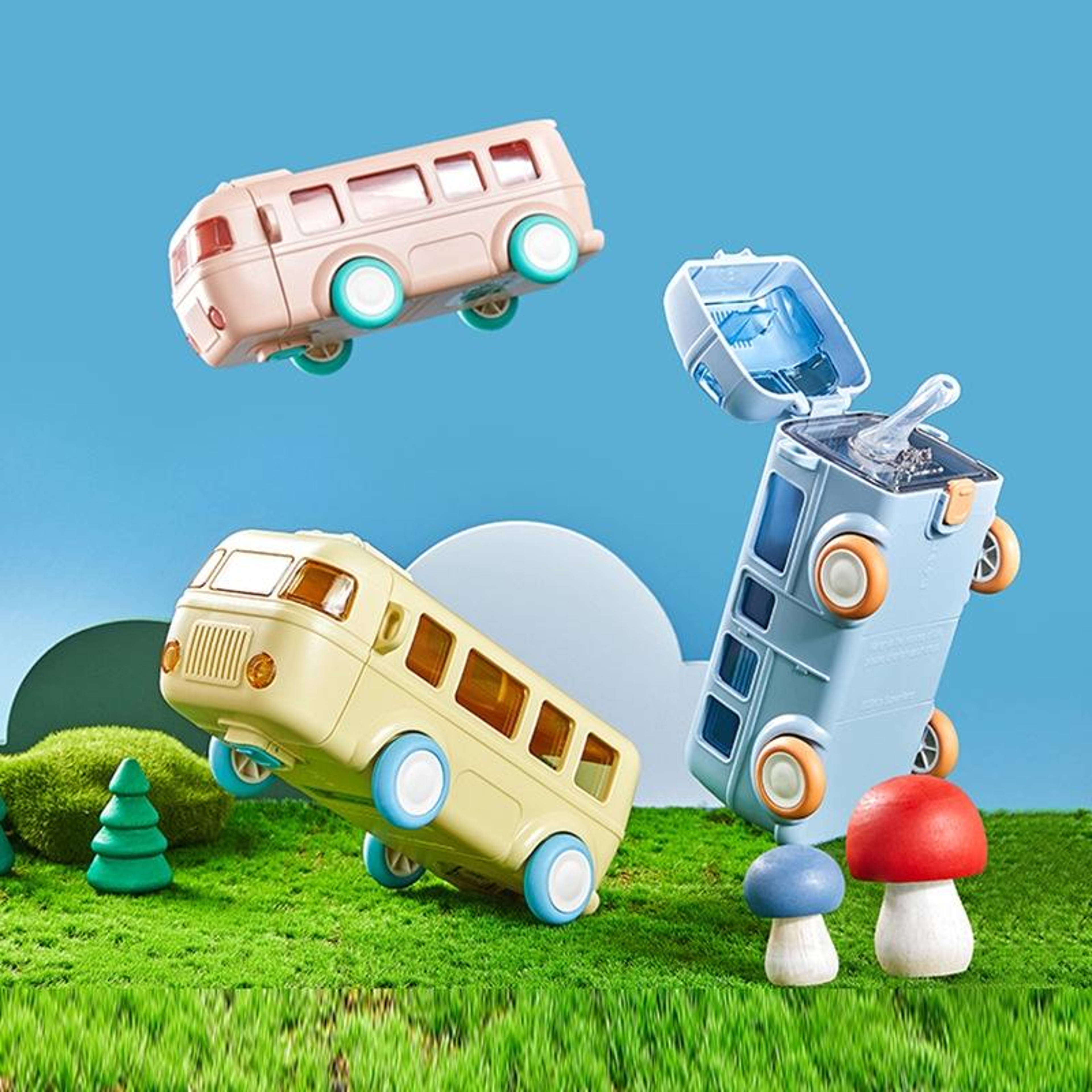 500ml Portable Water Bottle Cute Bus Shaped Leakproof Sippy Cup For Kids 0