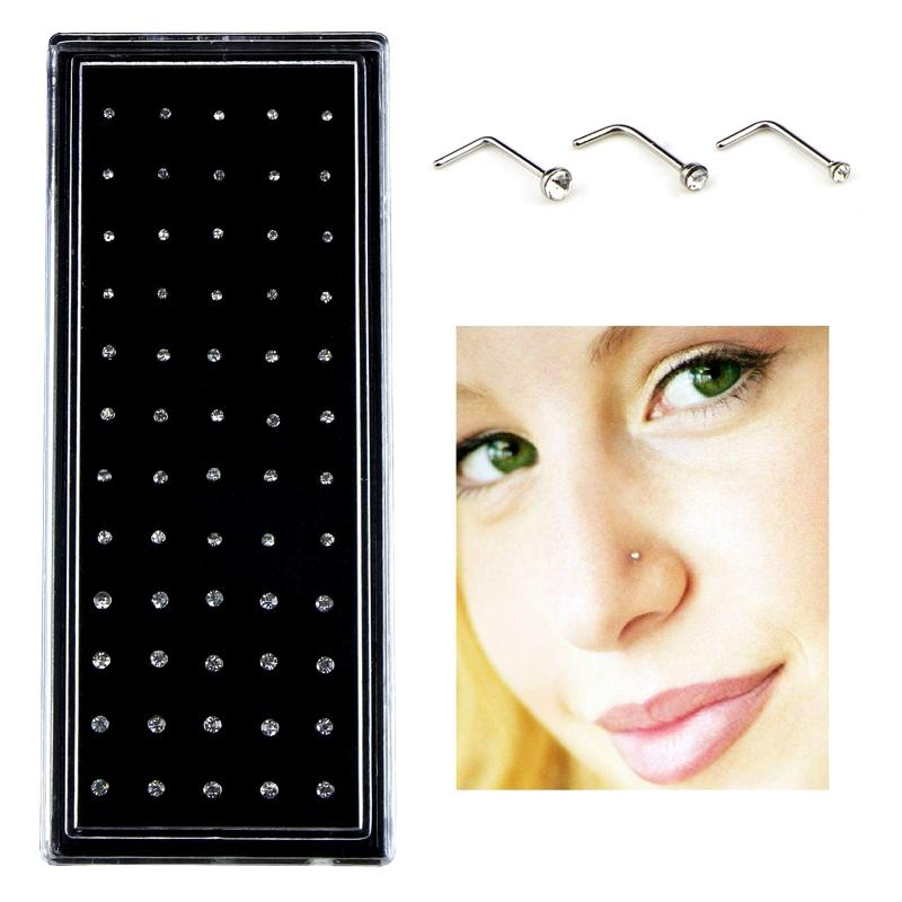 60PCS Nose Stud Rings Set With Mixed Crystal Diamonds In Stainless Steel L Shape 7