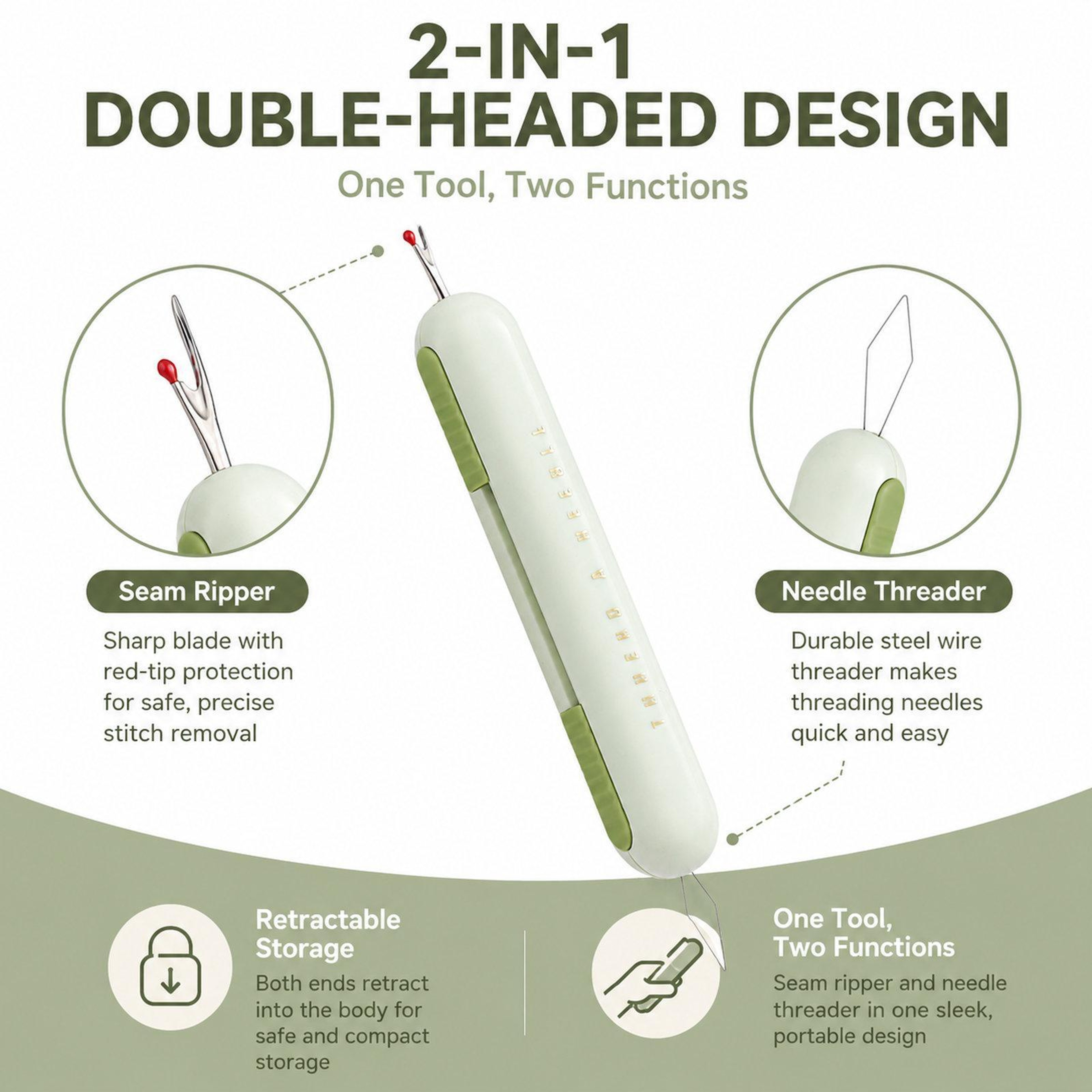 Retractable Seam Ripper  Needle Threader 2in1 Tool For Hand Sewing And Embroidery 1