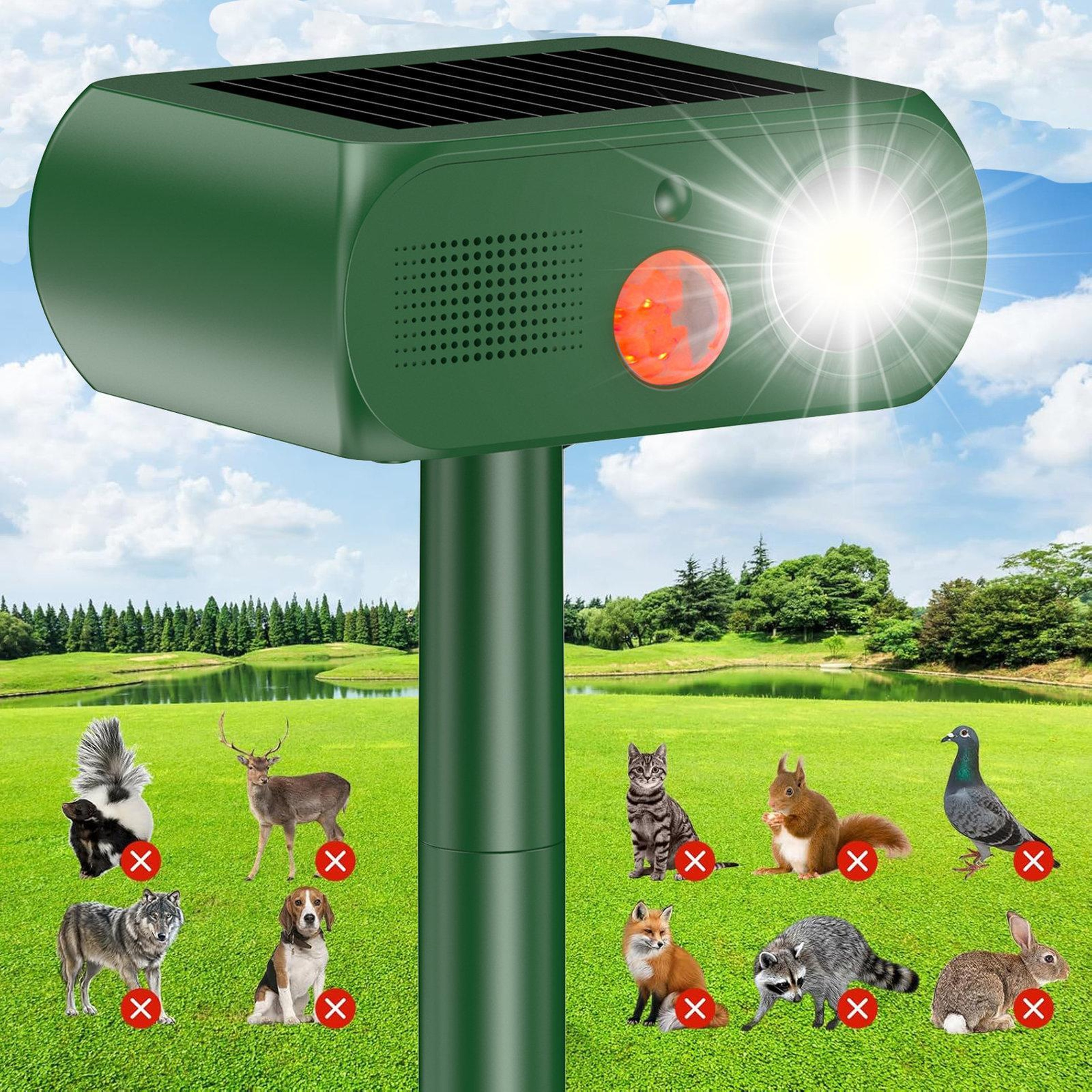 Solar Ultrasonic Animal Repeller with PIR Motion Sensor & LED Flashing Deterrent – view 1