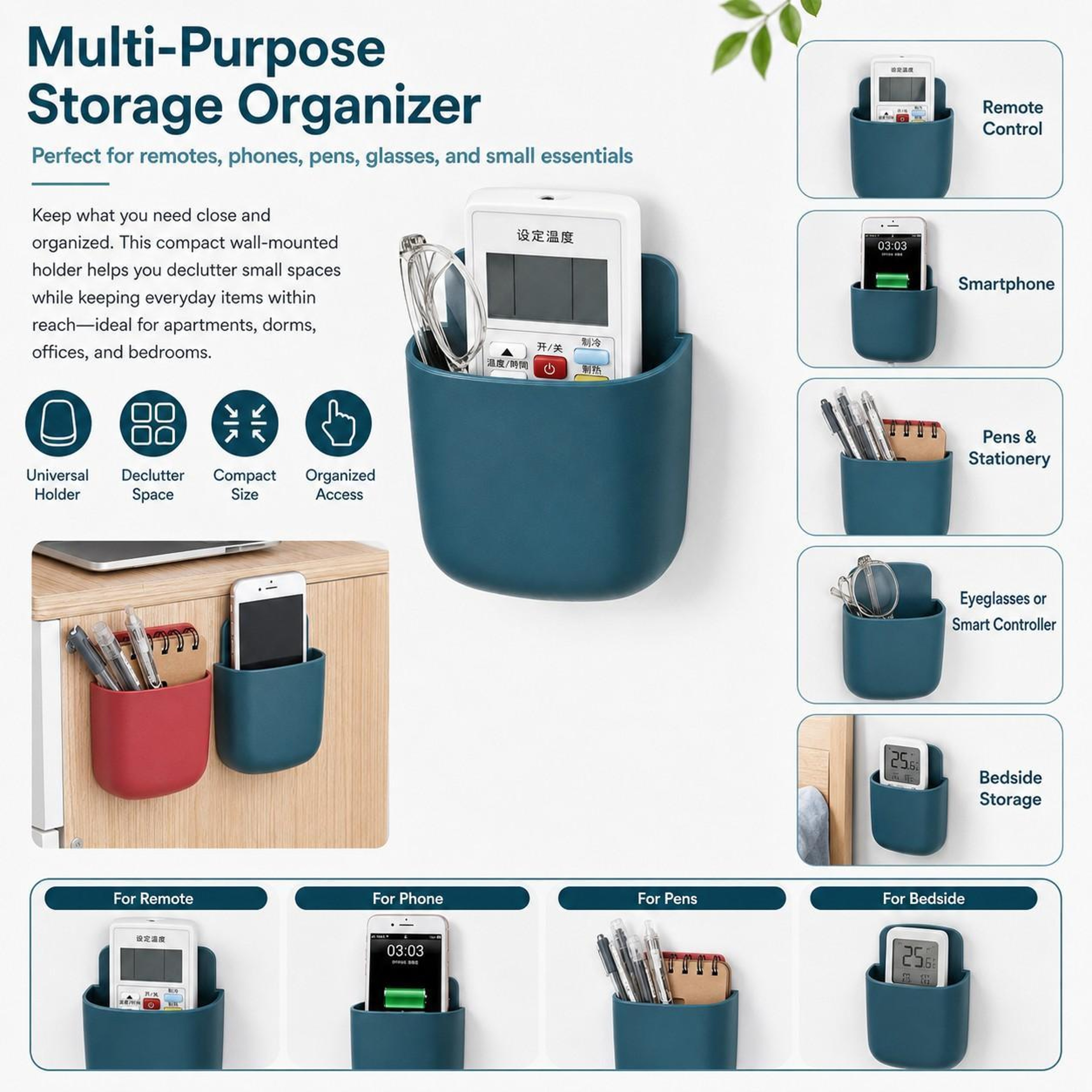 Wall Mounted Phone & Remote Organizer with Charging Port Self Adhesive Storage Caddy – view 4
