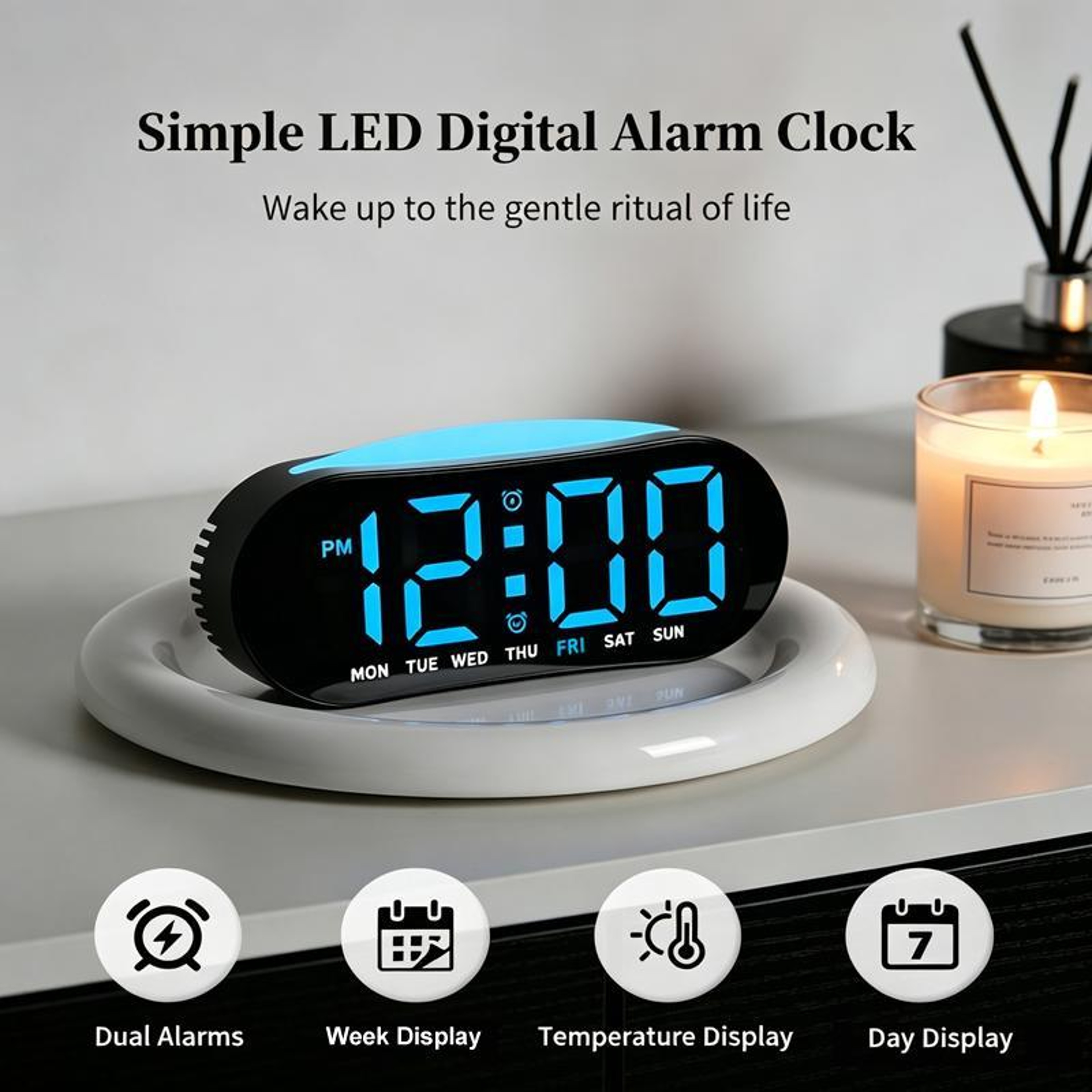 Smart LED Digital Alarm Clock with Night Light, Dual Alarms, Date & Temperature Display – view 2
