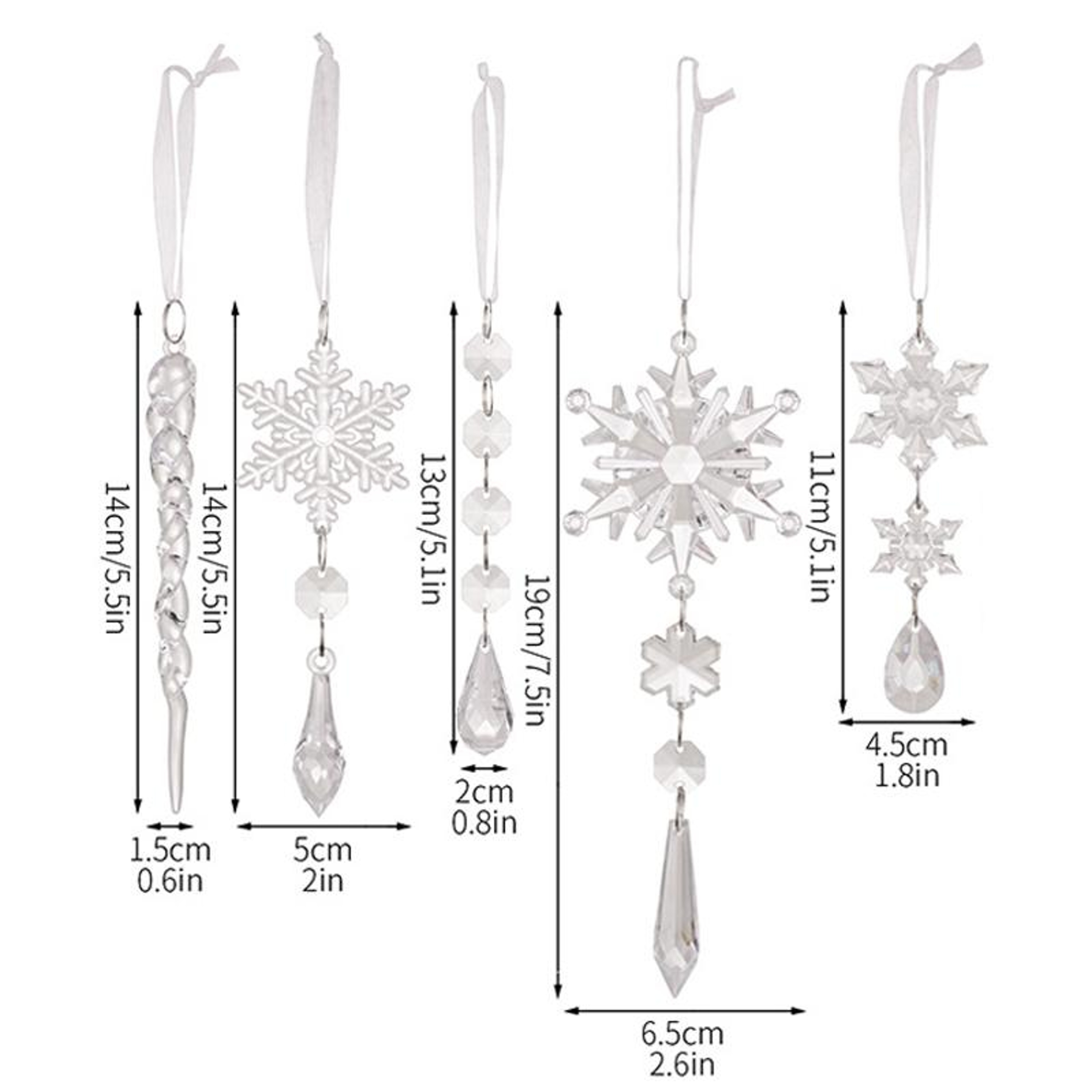 Crystal Snowflake  Icicle Christmas Tree Ornaments Set 5PCS Clear Acrylic Holiday Hanging Decor 4