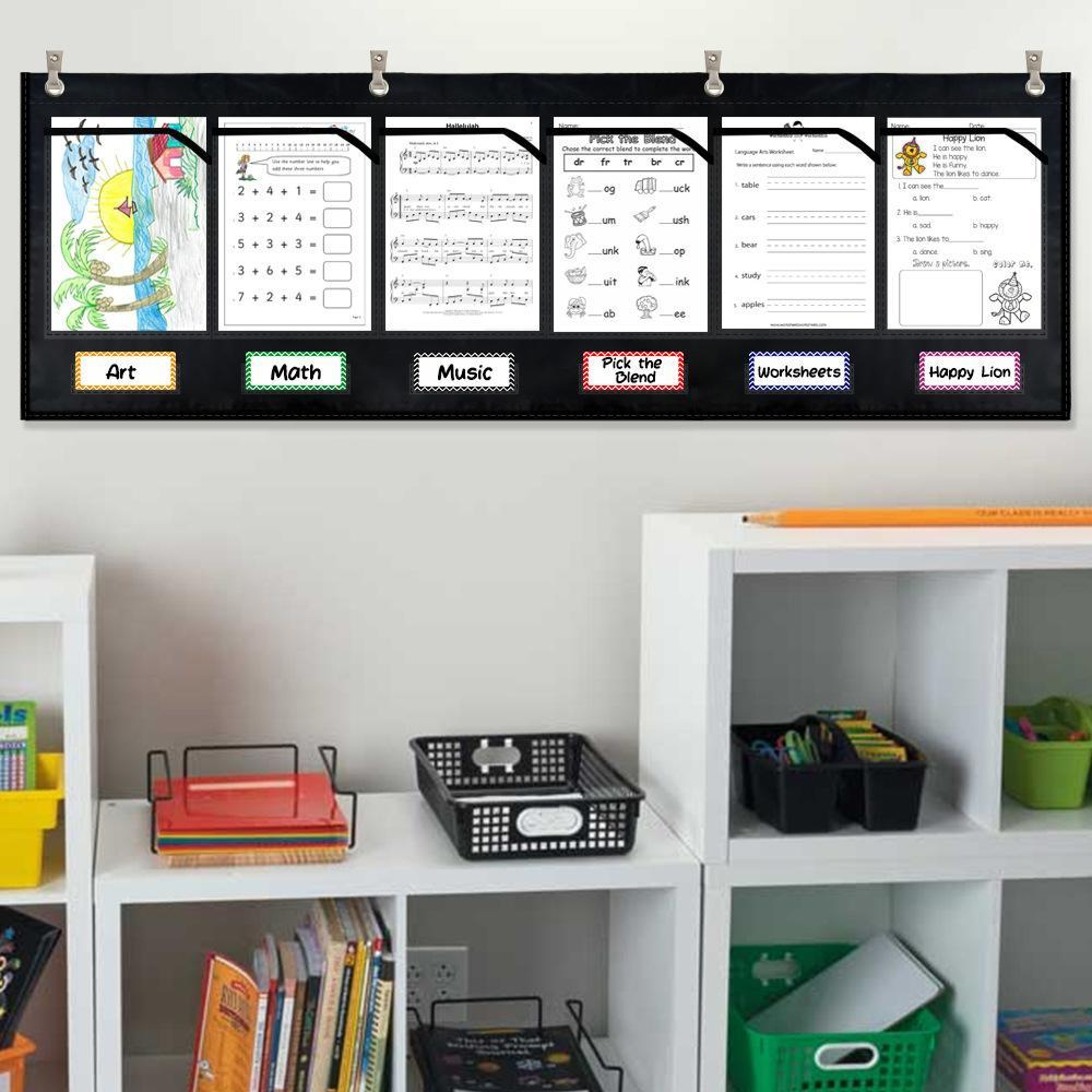 Classroom Wall Pocket Organizer with Labels and 6 Clear Storage Pockets – view 6