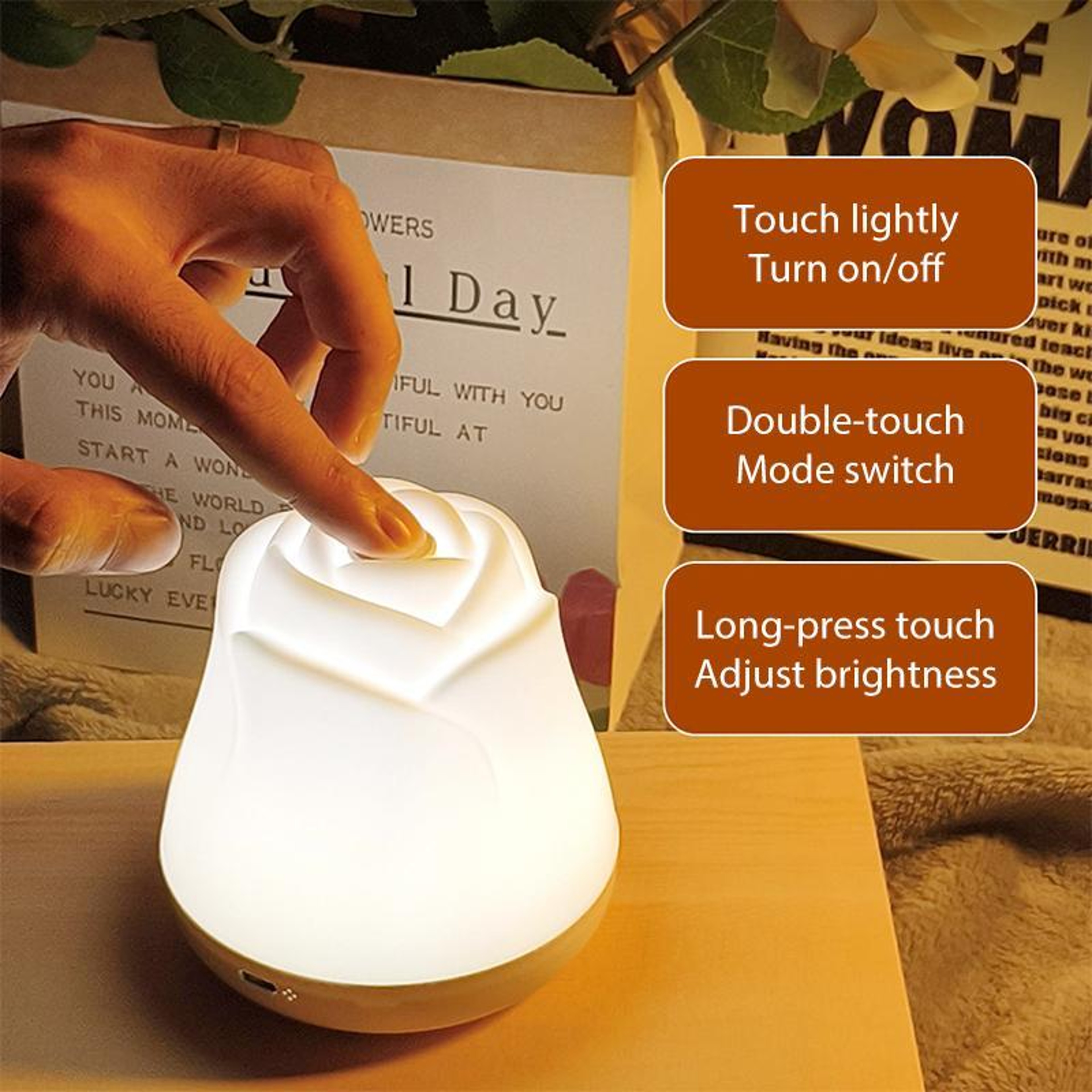 Rose Glow Touch Control Night Light With Adjustable Brightness  3 Color Modes 5