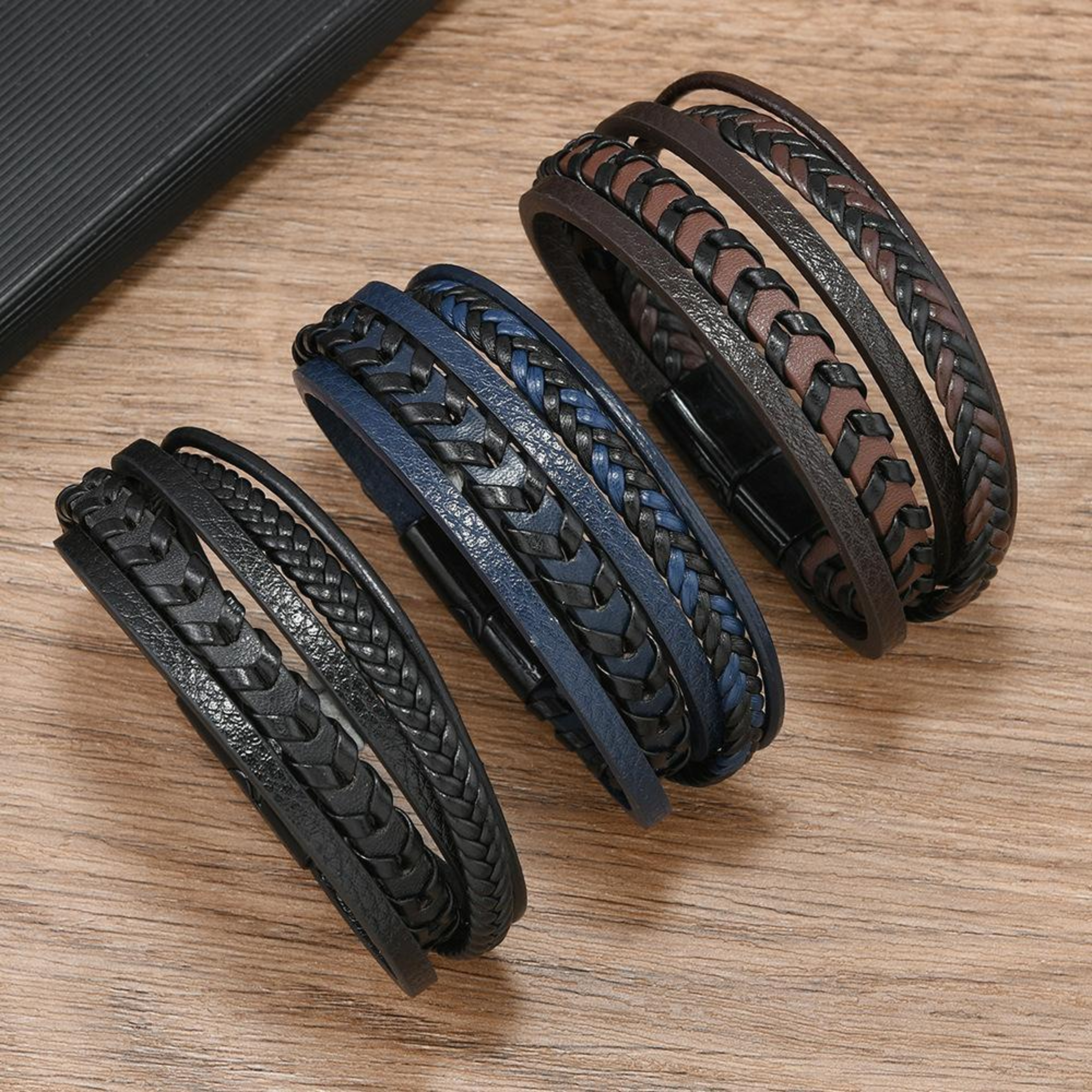 Magnetic Clasp Braided Leather Bracelet For Men Handmade Minimalist Wristband 1