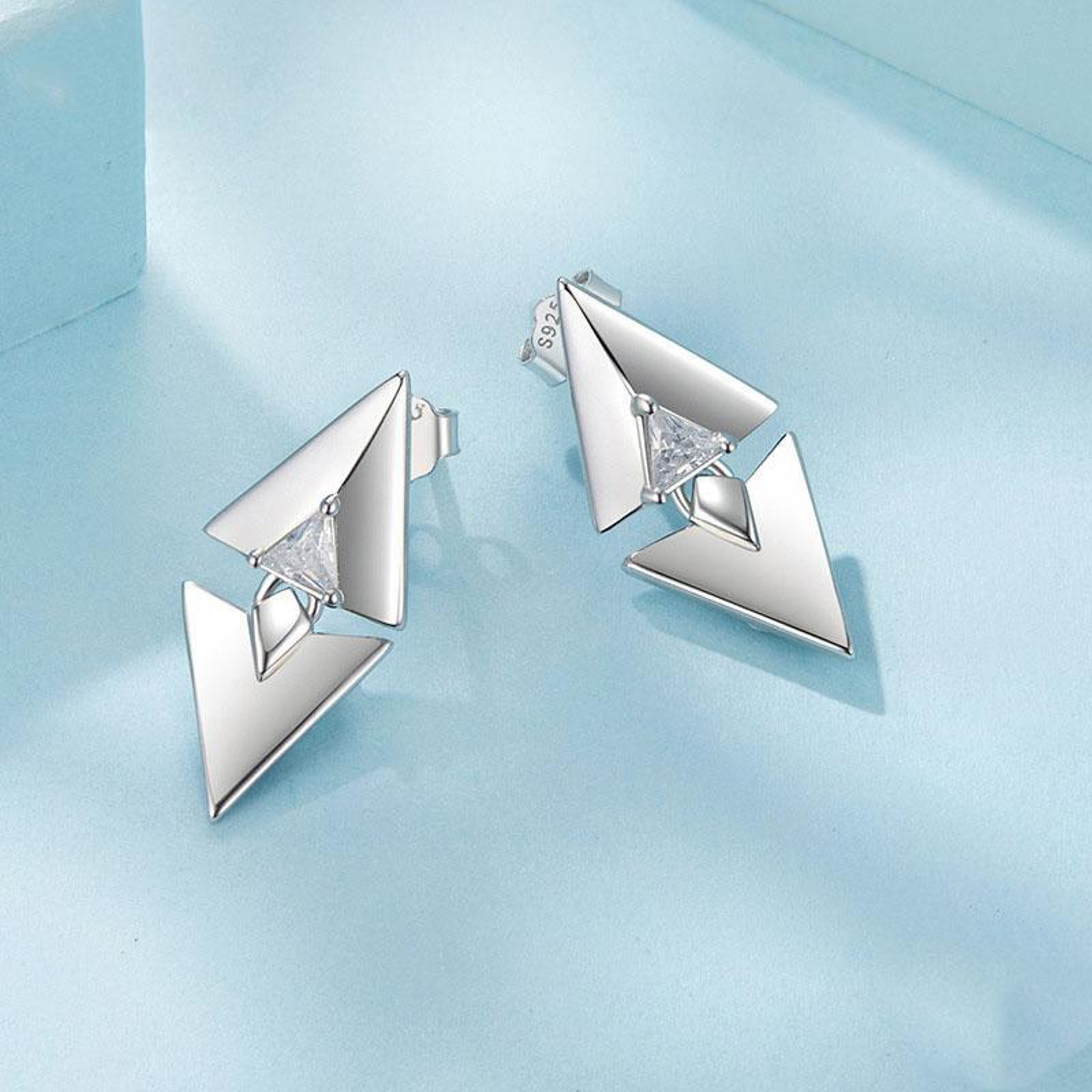 Geometric Triangle Stud Earrings In 925 Sterling Silver With Platinum Plating  Zircon Sparkle 2